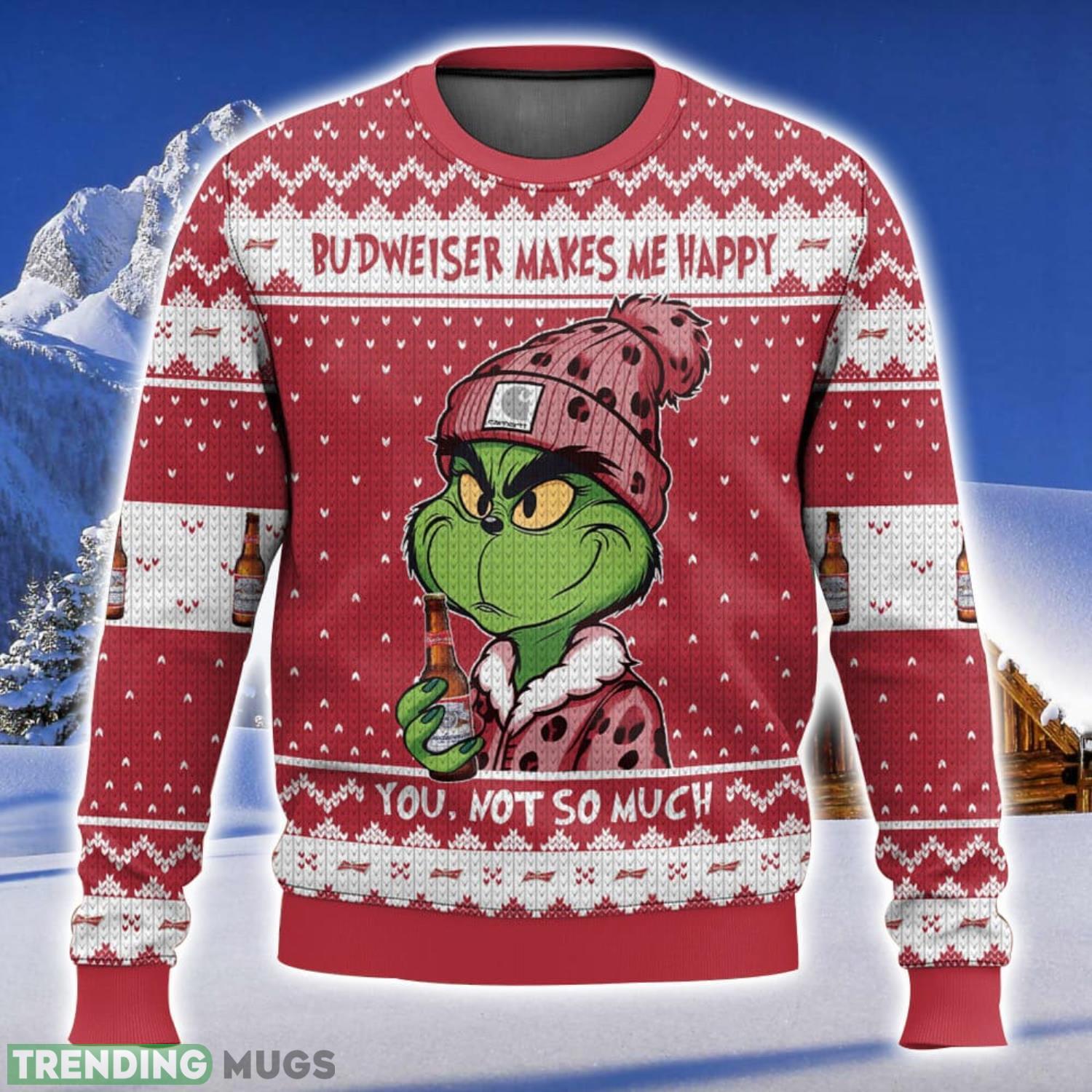 Grinch Budweiser Makes Me Happy Nice Gift Ugly Christmas Sweater Unique Christmas Gift For Men And Women Product Photo 1 Grinch Budweiser Makes Me Happy Nice Gift Ugly Christmas Sweater Unique Christmas Gift For Men And Women Product Photo 1