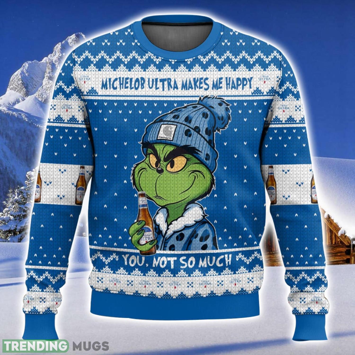 Grinch Michelob Ultra Makes Me Happy Nice Gift Ugly Christmas Sweater Unique Christmas Gift For Men And Women Product Photo 1 Grinch Michelob Ultra Makes Me Happy Nice Gift Ugly Christmas Sweater Unique Christmas Gift For Men And Women Product Photo 1