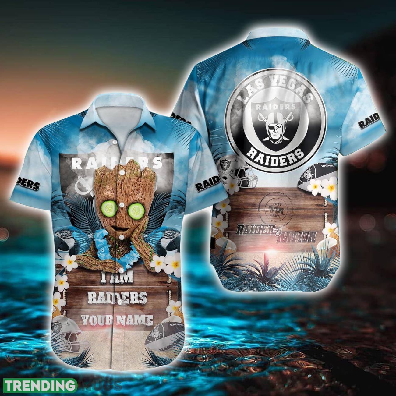 Las Vegas Raiders NFL Hawaiian Shirt Baby Groot Lover Custom Name For Fans Product Photo 1 Las Vegas Raiders NFL Hawaiian Shirt Baby Groot Lover Custom Name For Fans Product Photo 1