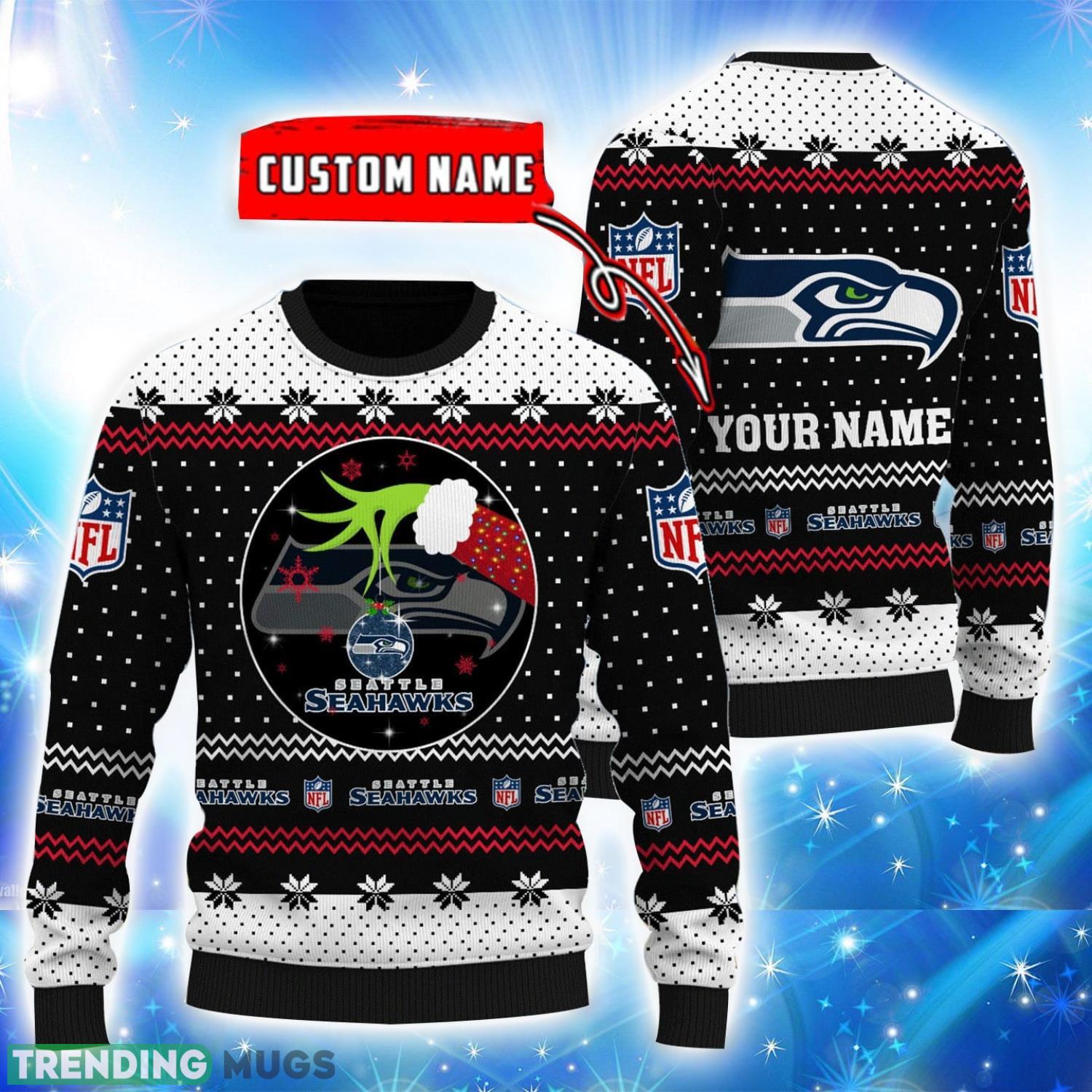 Seattle Seahawks Grinch Hand Personalized Name 3D Ugly Christmas Sweater Product Photo 1 Seattle Seahawks Grinch Hand Personalized Name 3D Ugly Christmas Sweater Product Photo 1