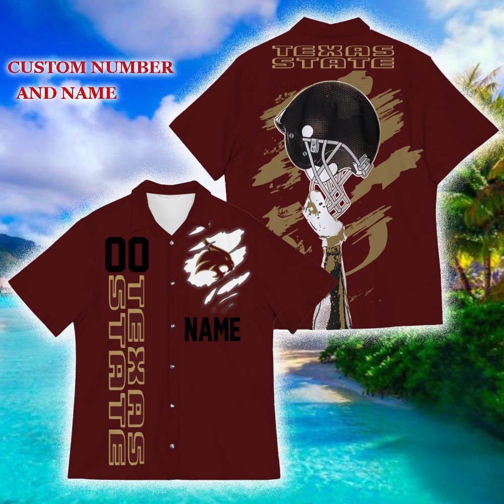 Custom Number And Name Texas State Bobcats Sports American Hawaiian Football Helmet New Trends For Fans Club Gifts 3D Hawaiian Shirt Aloha Beach - 190124-104839 Custom Number And Name Texas State Bobcats Sports American Hawaiian Football Helmet New Trends For Fans Club Gifts 3D Hawaiian Shirt Aloha Beach - 190124-104839