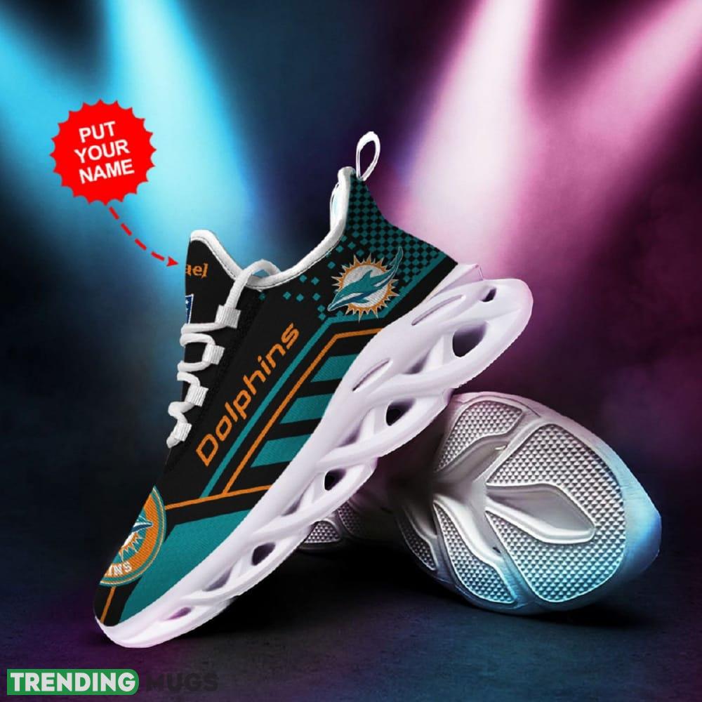 Miami Dolphins Logo Custom Name Pattern 3D Max Soul Sneaker Shoes In Black And Turquoise Max Soul Miami Dolphins Logo Custom Name Pattern 3D Max Soul Sneaker Shoes In Black And Turquoise Max Soul