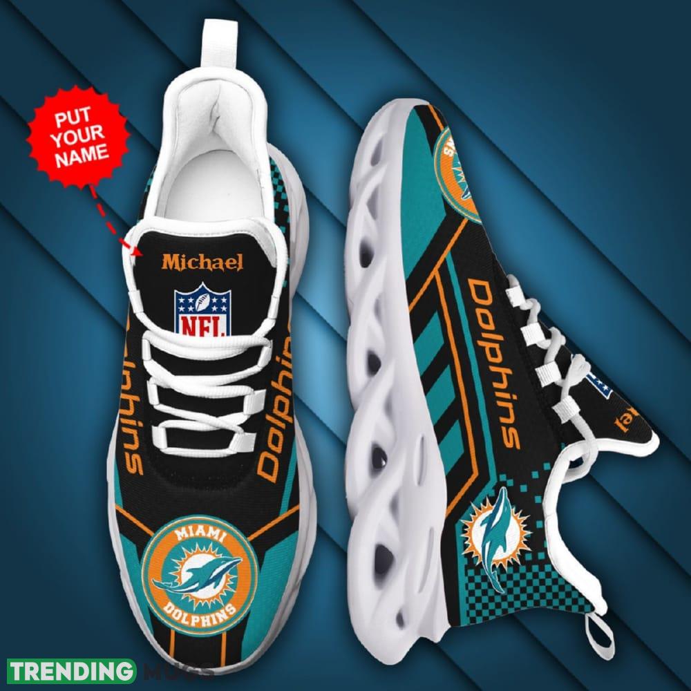 Miami Dolphins Logo Custom Name Pattern 3D Max Soul Sneaker Shoes In Black And Turquoise Max Soul Miami Dolphins Logo Custom Name Pattern 3D Max Soul Sneaker Shoes In Black And Turquoise Max Soul