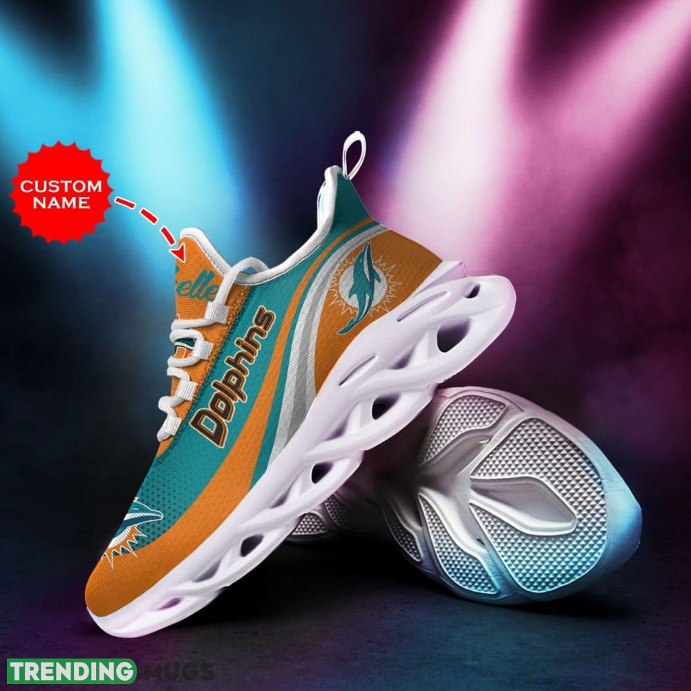 Miami Dolphins Logo Stripe Pattern Custom Name 3D Max Soul Sneaker Shoes In Turquoise And Orange Max Soul Miami Dolphins Logo Stripe Pattern Custom Name 3D Max Soul Sneaker Shoes In Turquoise And Orange Max Soul