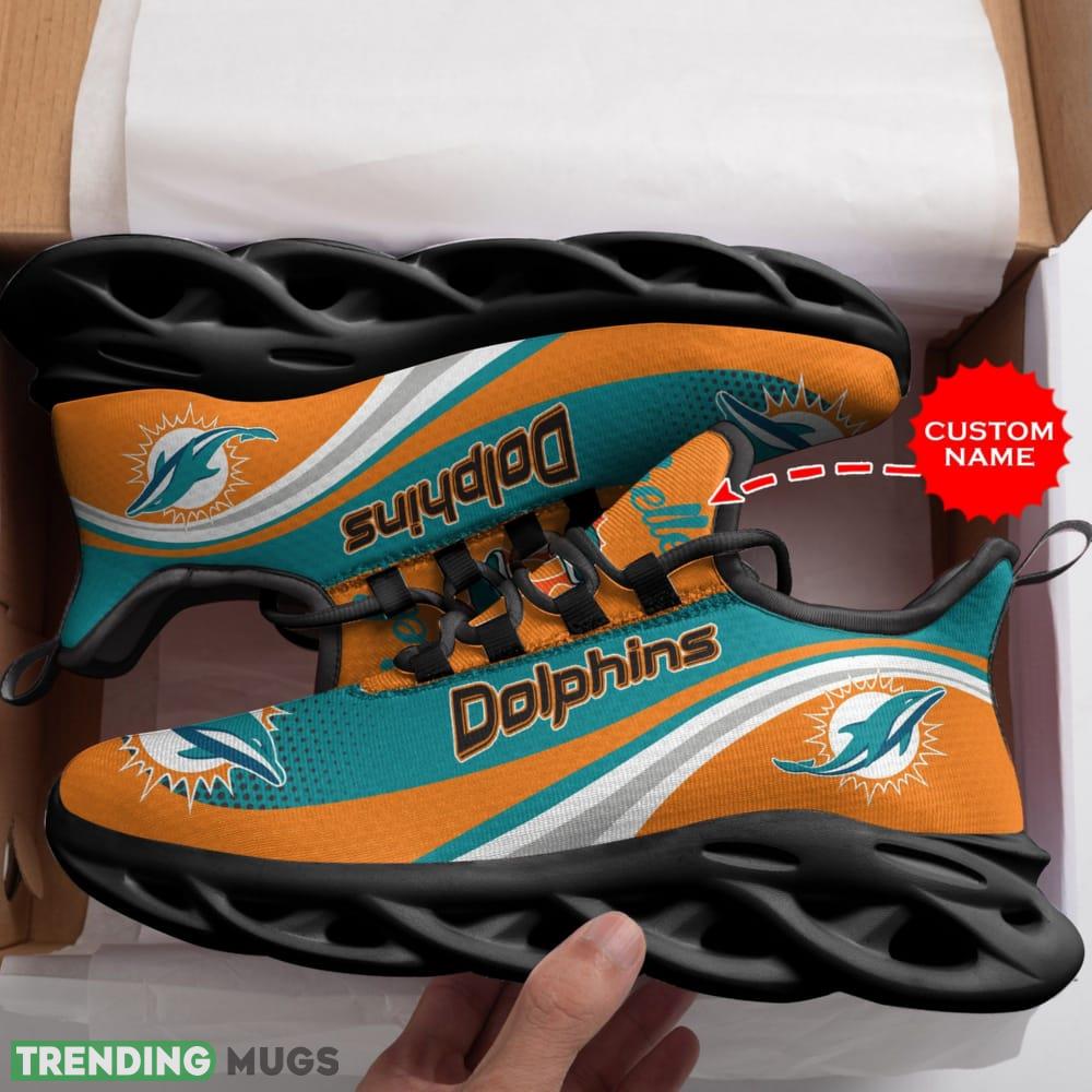 Miami Dolphins Logo Stripe Pattern Custom Name 3D Max Soul Sneaker Shoes In Turquoise And Orange Max Soul Miami Dolphins Logo Stripe Pattern Custom Name 3D Max Soul Sneaker Shoes In Turquoise And Orange Max Soul