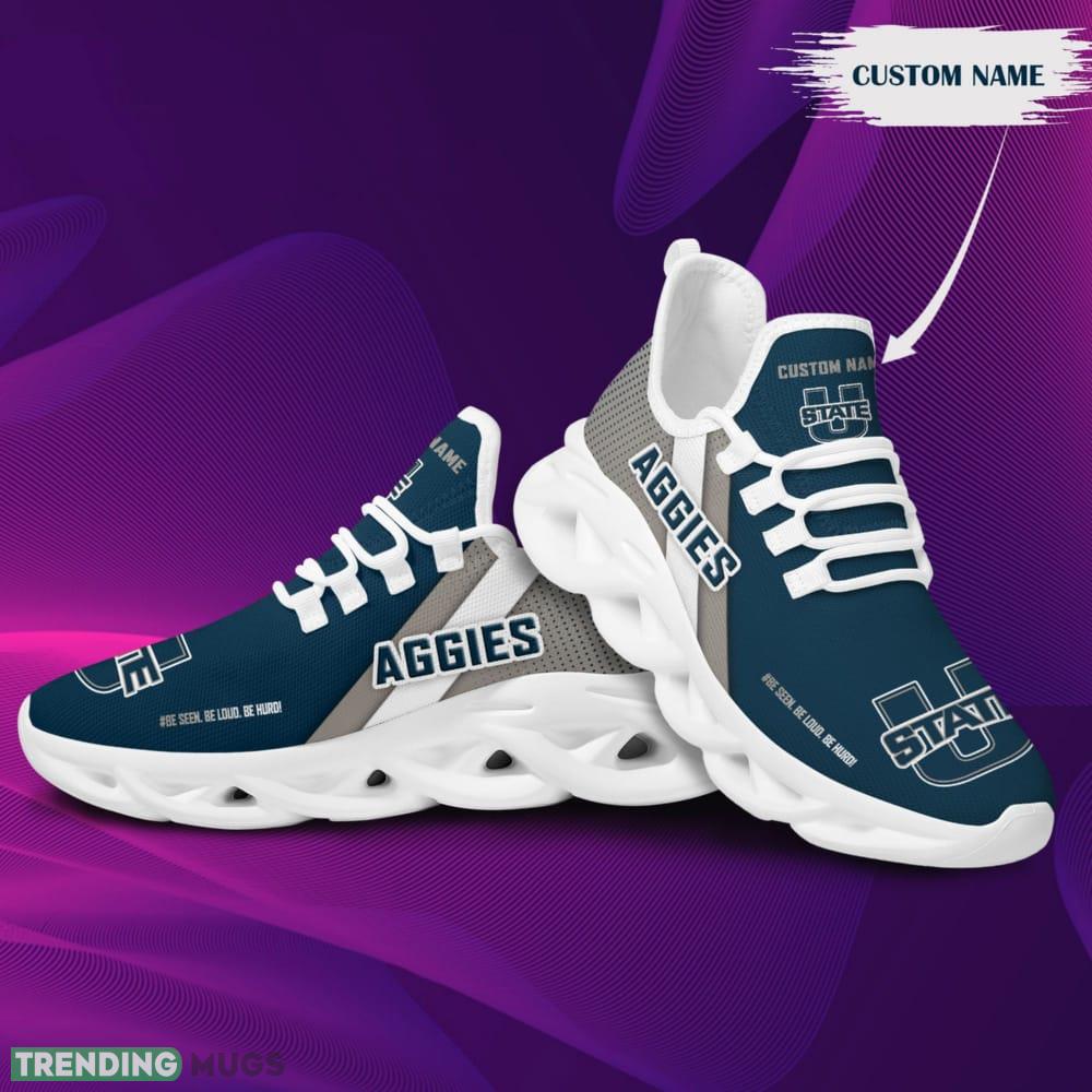 Utah State Aggies Logo Custom Name Pattern 3D Max Soul Sneaker Shoes In Blue And Gray Max Soul Utah State Aggies Logo Custom Name Pattern 3D Max Soul Sneaker Shoes In Blue And Gray Max Soul