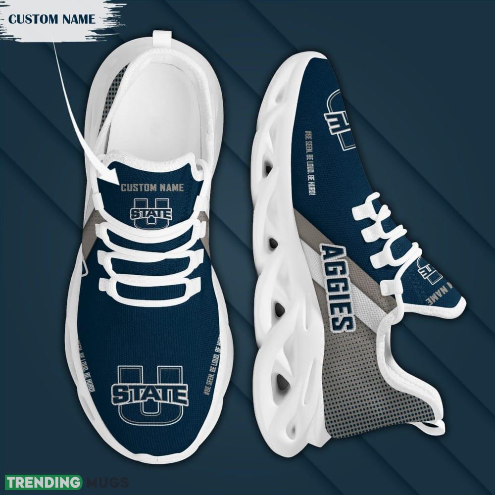 Utah State Aggies Logo Custom Name Pattern 3D Max Soul Sneaker Shoes In Blue And Gray Max Soul Utah State Aggies Logo Custom Name Pattern 3D Max Soul Sneaker Shoes In Blue And Gray Max Soul