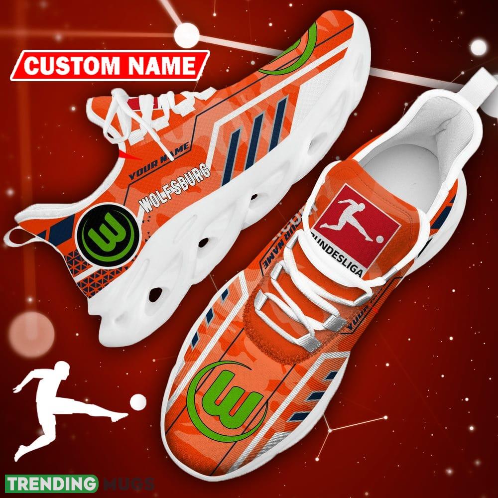 VfL Wolfsburg Logo Running Sneakers Camo Orange Max Soul Shoes Custom Name Max Soul VfL Wolfsburg Logo Running Sneakers Camo Orange Max Soul Shoes Custom Name Max Soul