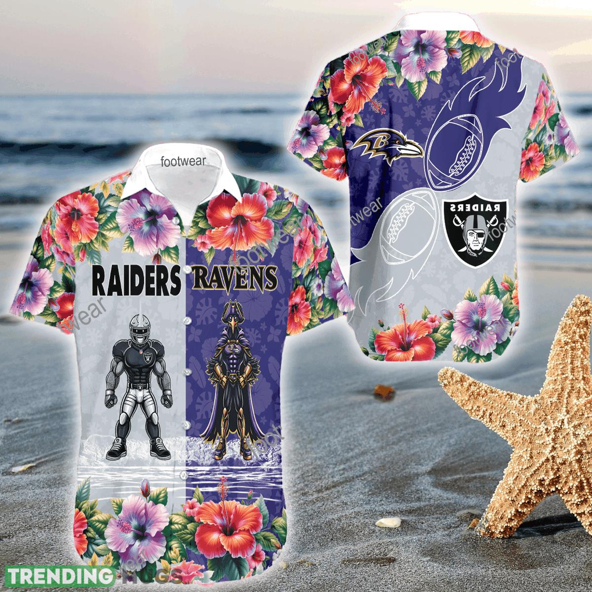Mascot Las Vegas Raiders VS Baltimore Ravens 3D Hawaiian Shirt Hibiscus For Men Women - Mascot Las Vegas Raiders VS Baltimore Ravens 3D Hawaiian Shirt Hibiscus For Men Women