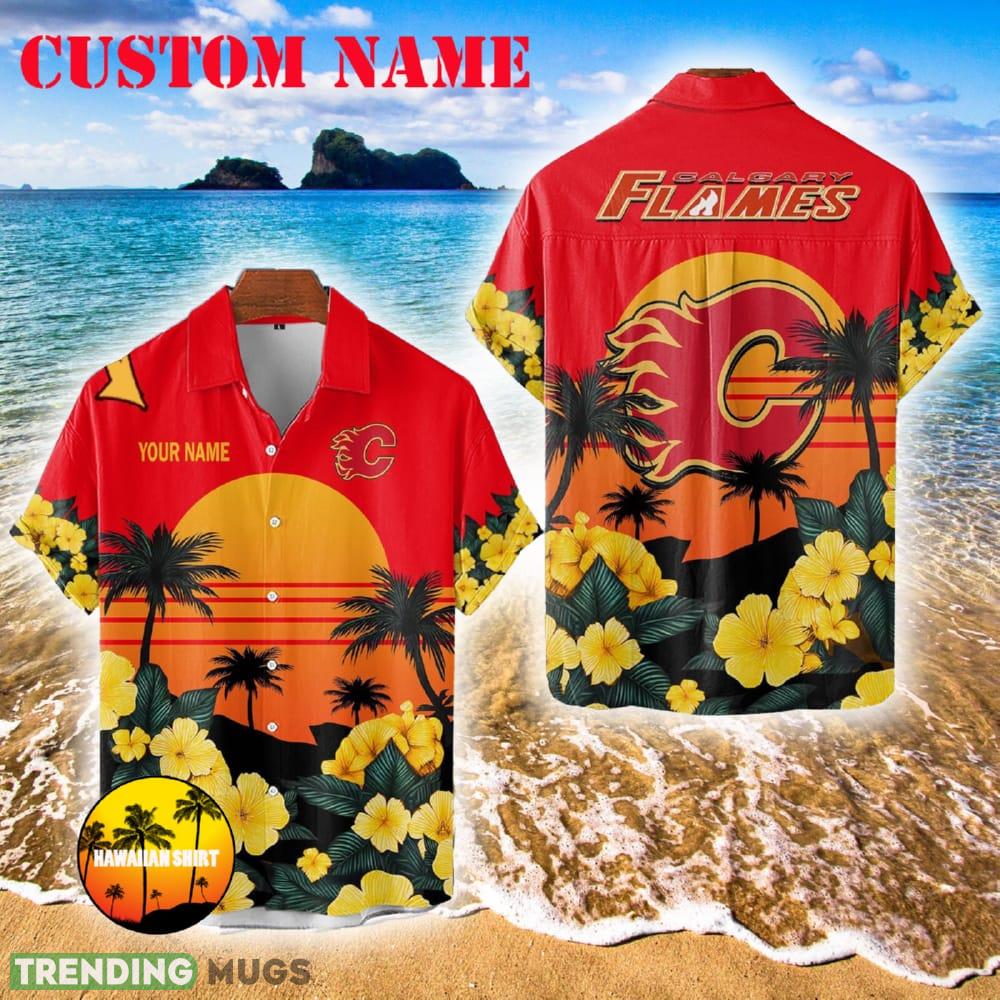 Calgary Flames Modern 3D Hawaiian Shirt And Short Custom Name Men And Women Gift - Calgary Flames Hawaiian Shirt And Shorts Flower Personalized_1