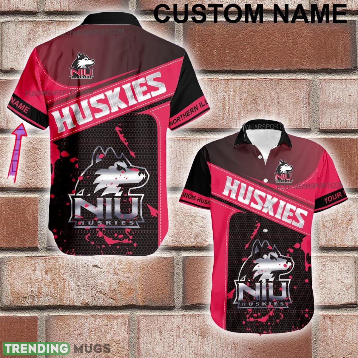 Custom Name NCAA Northern Illinois Huskies Logo Silver 3D Hawaiian Shirt Gift Summer - Custom Name NCAA Northern Illinois Huskies Logo Silver 3D Hawaiian Shirt Gift Summer