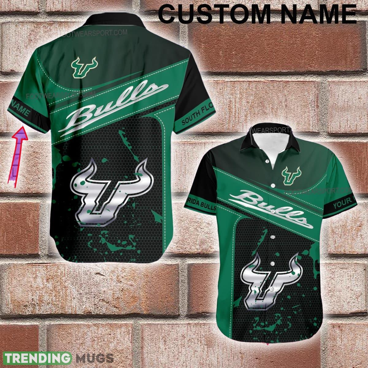 Custom Name NCAA South Florida Bulls Logo Silver AOP Hawaiian Shirt For Beach - Custom Name NCAA South Florida Bulls Logo Silver AOP Hawaiian Shirt For Beach
