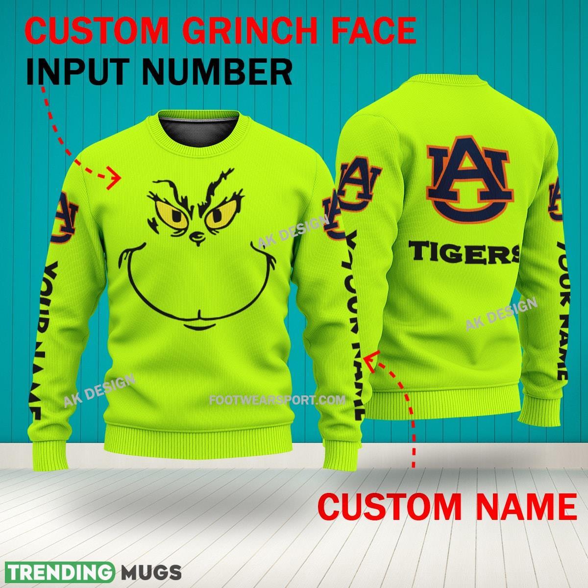 Grinch Face Auburn Tigers 3D Hoodie, Zip Hoodie, Sweater Green AOP Custom Number And Name 3D Hoodies Grinch Face Auburn Tigers 3D Hoodie, Zip Hoodie, Sweater Green AOP Custom Number And Name 3D Hoodies