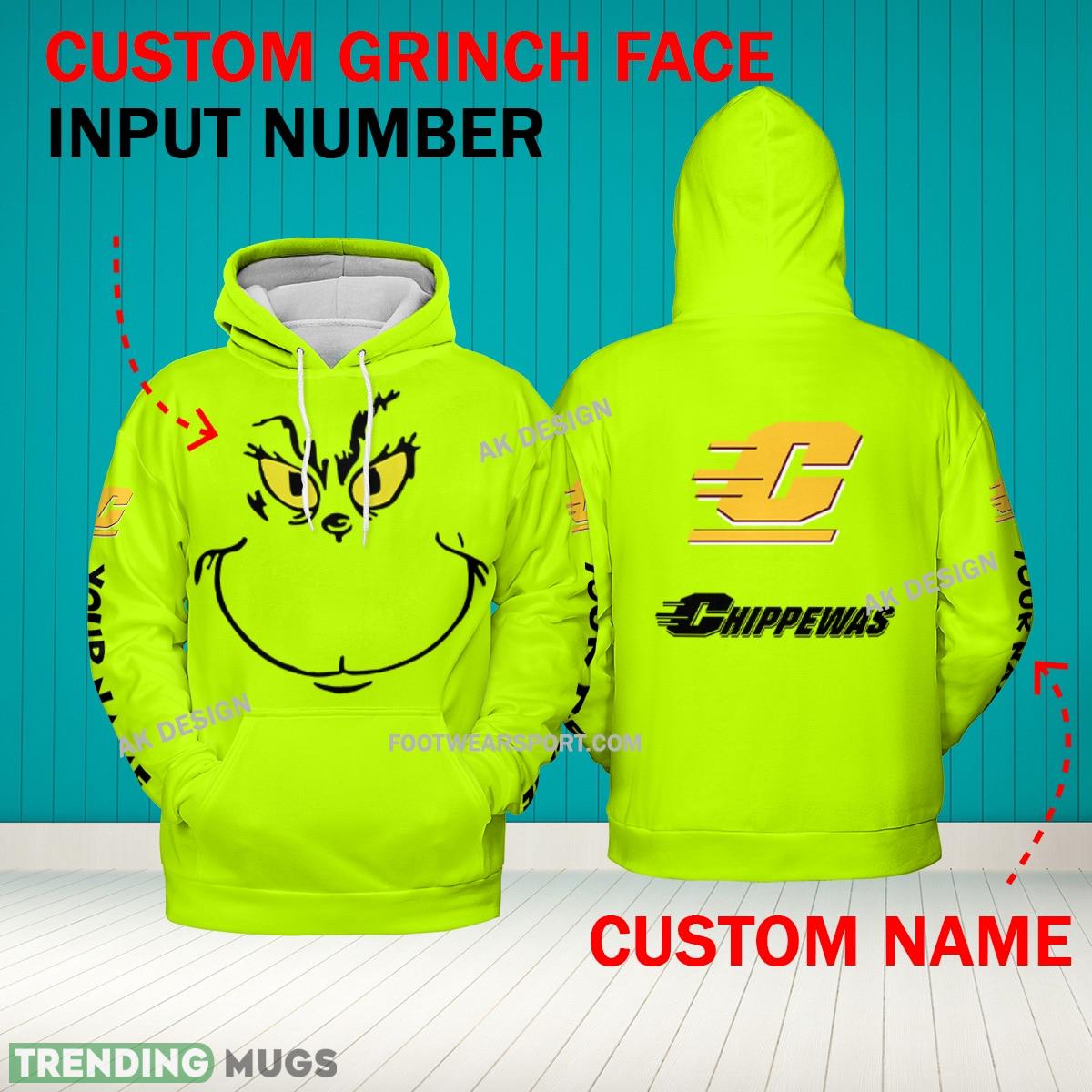 Grinch Face Central Michigan Chippewas 3D Hoodie, Zip Hoodie, Sweater Green AOP Custom Number And Name - Grinch Face NCAA Central Michigan Chippewas 3D Hoodie Grinch Face Central Michigan Chippewas 3D Hoodie, Zip Hoodie, Sweater Green AOP Custom Number And Name - Grinch Face NCAA Central Michigan Chippewas 3D Hoodie