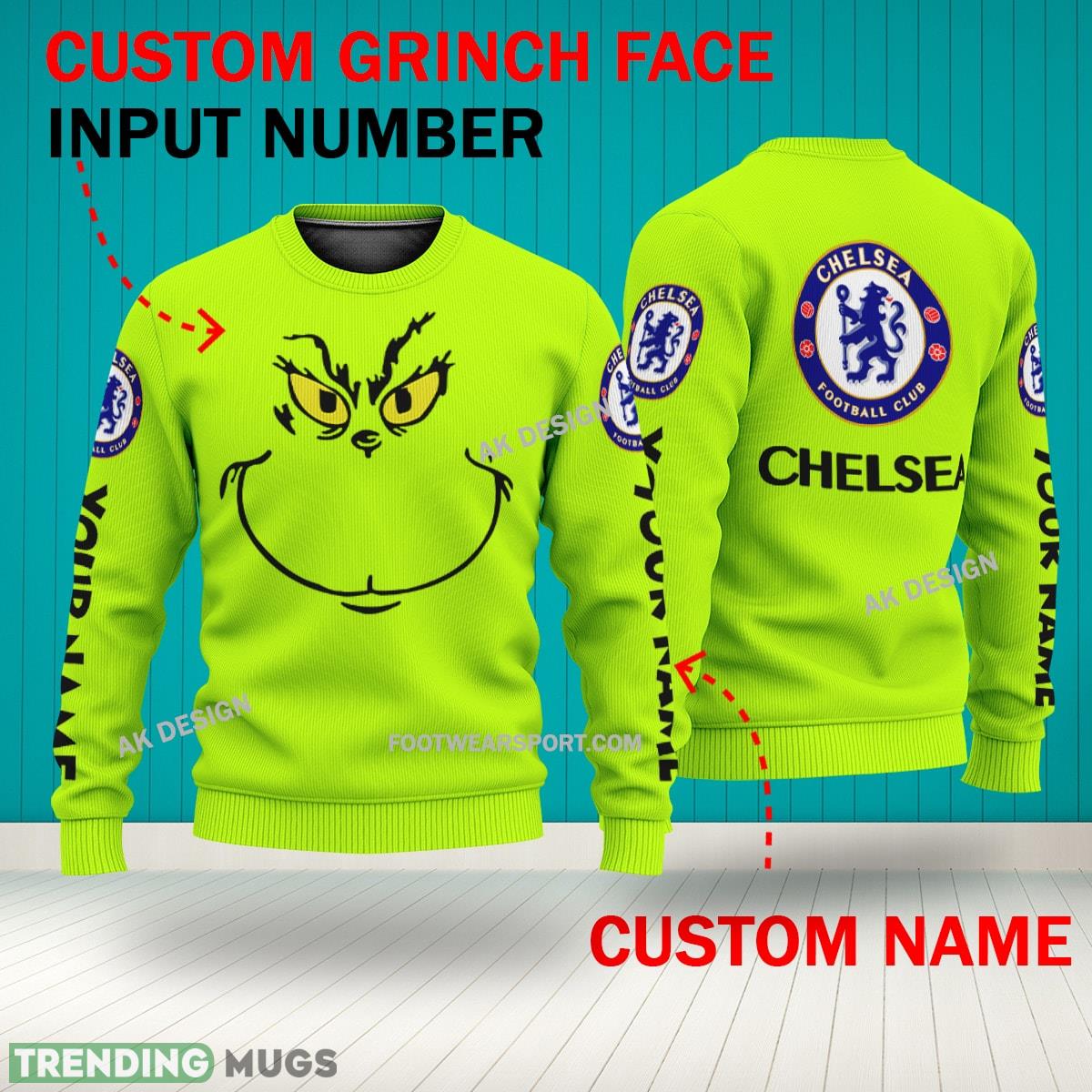 Grinch Face Chelsea 3D Hoodie, Zip Hoodie, Sweater Green AOP Custom Number And Name 3D Hoodies Grinch Face Chelsea 3D Hoodie, Zip Hoodie, Sweater Green AOP Custom Number And Name 3D Hoodies