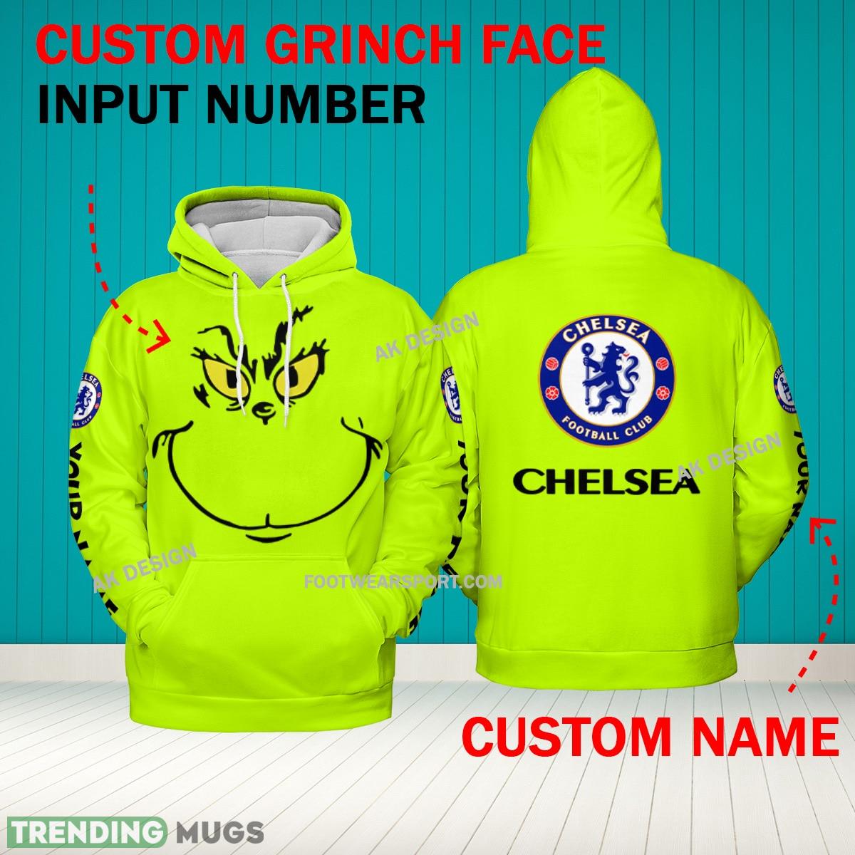 Grinch Face Chelsea 3D Hoodie, Zip Hoodie, Sweater Green AOP Custom Number And Name - Grinch Face EPL Chelsea 3D Hoodie Grinch Face Chelsea 3D Hoodie, Zip Hoodie, Sweater Green AOP Custom Number And Name - Grinch Face EPL Chelsea 3D Hoodie
