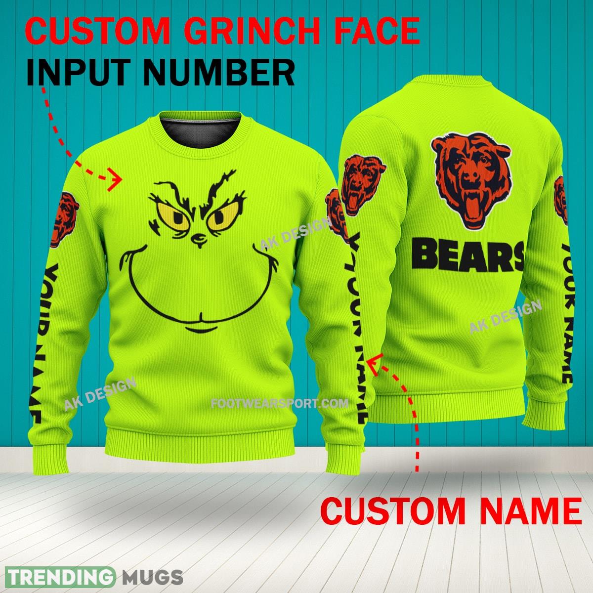 Grinch Face Chicago Bears 3D Hoodie, Zip Hoodie, Sweater Green AOP Custom Number And Name 3D Hoodies Grinch Face Chicago Bears 3D Hoodie, Zip Hoodie, Sweater Green AOP Custom Number And Name 3D Hoodies