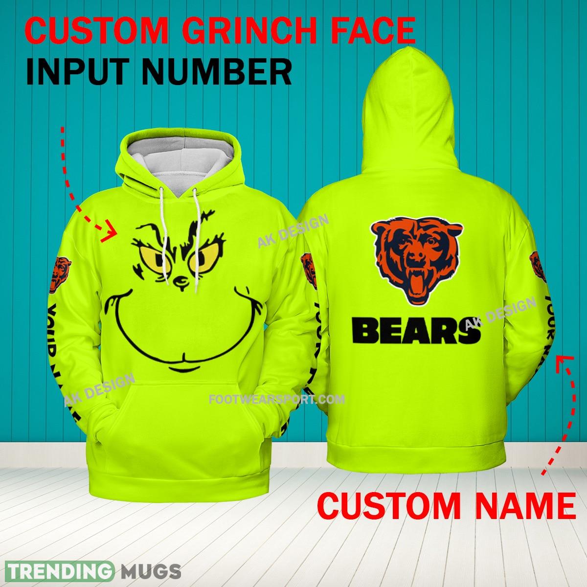 Grinch Face Chicago Bears 3D Hoodie, Zip Hoodie, Sweater Green AOP Custom Number And Name - Grinch Face NFL Chicago Bears 3D Hoodie Grinch Face Chicago Bears 3D Hoodie, Zip Hoodie, Sweater Green AOP Custom Number And Name - Grinch Face NFL Chicago Bears 3D Hoodie