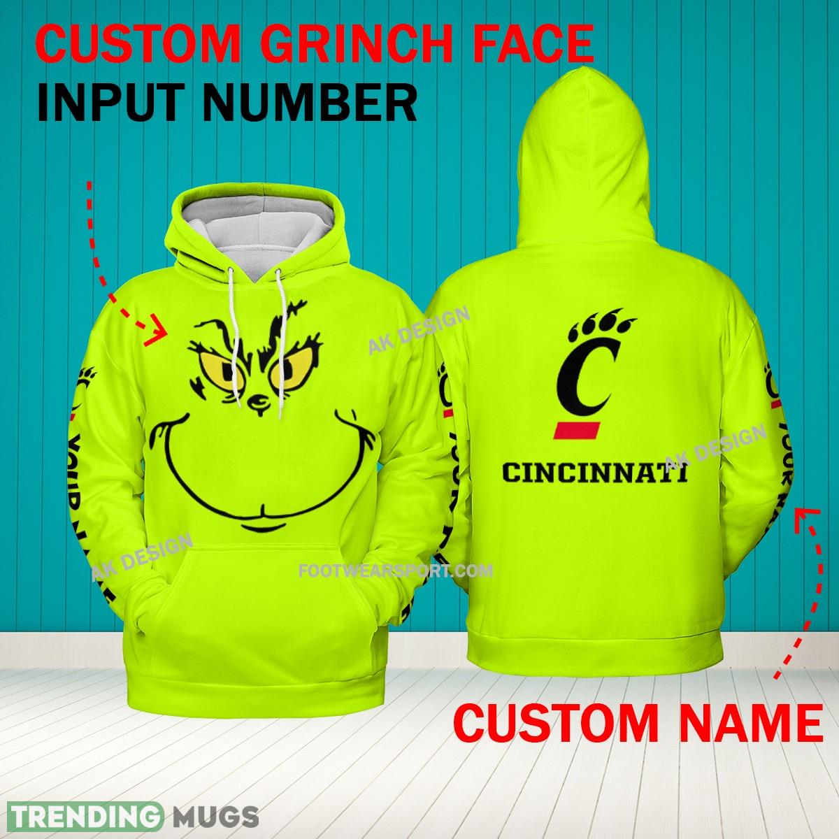 Grinch Face Cincinnati Bearcats 3D Hoodie, Zip Hoodie, Sweater Green AOP Custom Number And Name - Grinch Face NCAA Cincinnati Bearcats 3D Hoodie Grinch Face Cincinnati Bearcats 3D Hoodie, Zip Hoodie, Sweater Green AOP Custom Number And Name - Grinch Face NCAA Cincinnati Bearcats 3D Hoodie