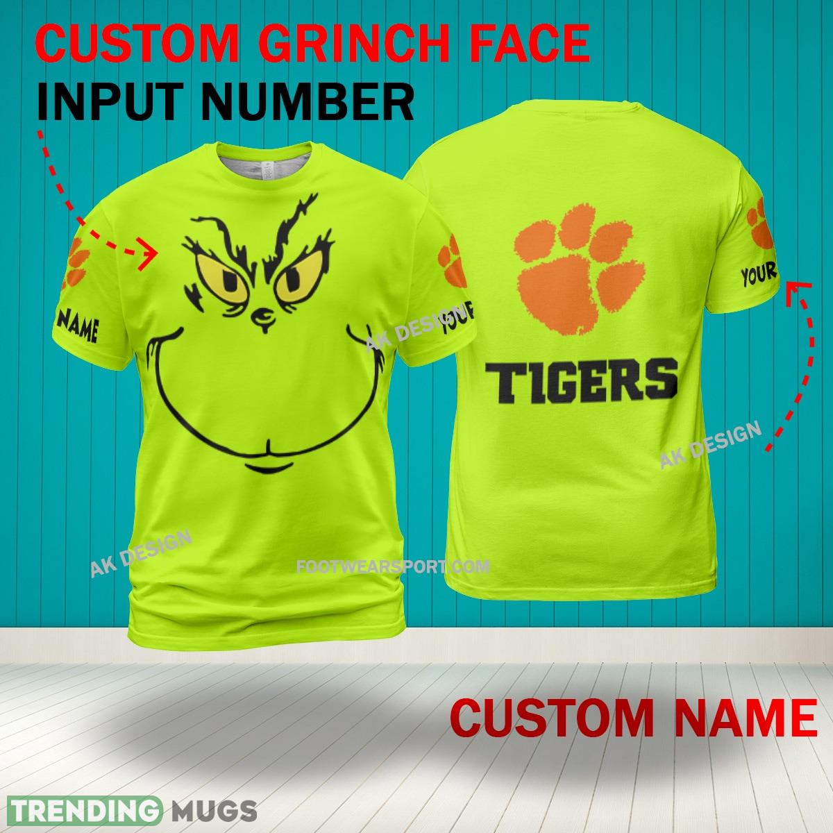 Grinch Face Clemson Tigers 3D Hoodie, Zip Hoodie, Sweater Green AOP Custom Number And Name 3D Hoodies Grinch Face Clemson Tigers 3D Hoodie, Zip Hoodie, Sweater Green AOP Custom Number And Name 3D Hoodies