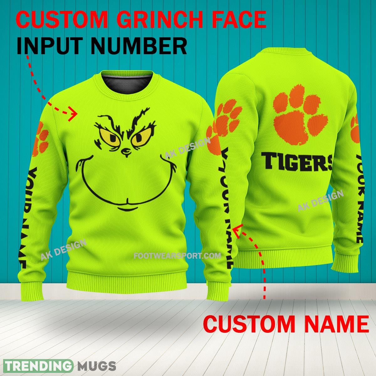 Grinch Face Clemson Tigers 3D Hoodie, Zip Hoodie, Sweater Green AOP Custom Number And Name 3D Hoodies Grinch Face Clemson Tigers 3D Hoodie, Zip Hoodie, Sweater Green AOP Custom Number And Name 3D Hoodies