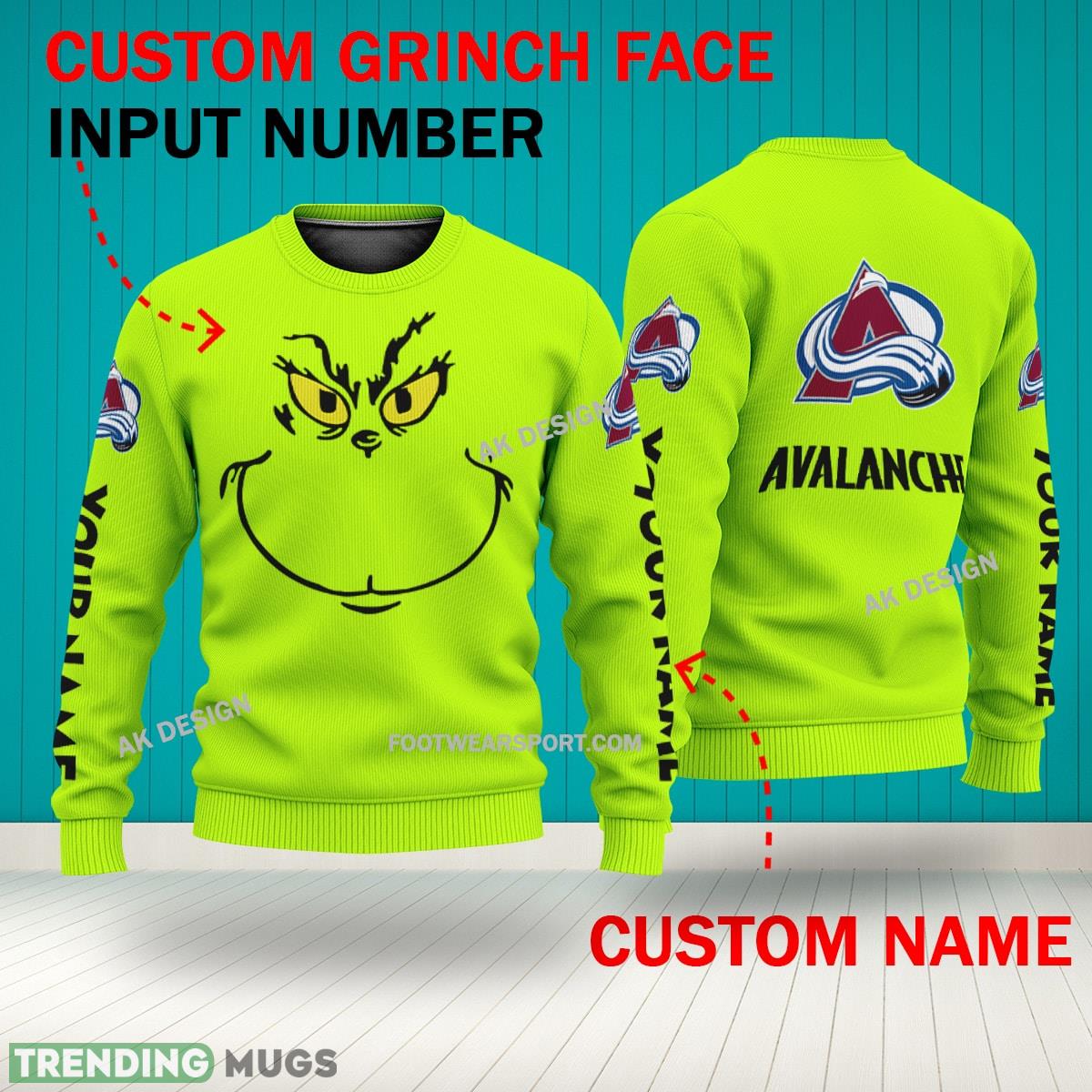 Grinch Face Colorado Avalanche 3D Hoodie, Zip Hoodie, Sweater Green AOP Custom Number And Name 3D Hoodies Grinch Face Colorado Avalanche 3D Hoodie, Zip Hoodie, Sweater Green AOP Custom Number And Name 3D Hoodies