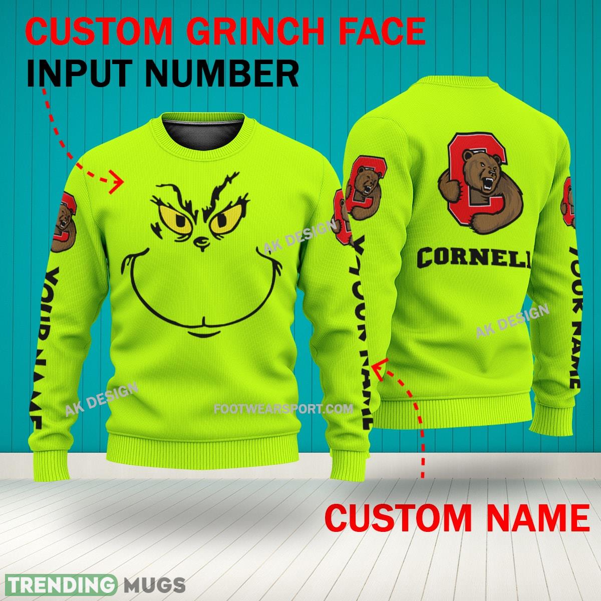 Grinch Face Cornell Big Red 3D Hoodie, Zip Hoodie, Sweater Green AOP Custom Number And Name 3D Hoodies Grinch Face Cornell Big Red 3D Hoodie, Zip Hoodie, Sweater Green AOP Custom Number And Name 3D Hoodies