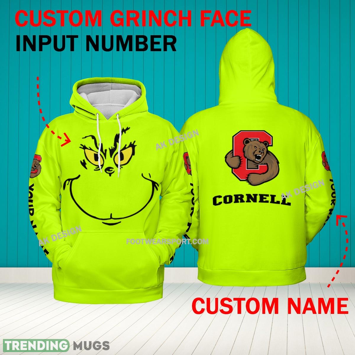 Grinch Face Cornell Big Red 3D Hoodie, Zip Hoodie, Sweater Green AOP Custom Number And Name - Grinch Face NCAA2 Cornell Big Red 3D Hoodie Grinch Face Cornell Big Red 3D Hoodie, Zip Hoodie, Sweater Green AOP Custom Number And Name - Grinch Face NCAA2 Cornell Big Red 3D Hoodie
