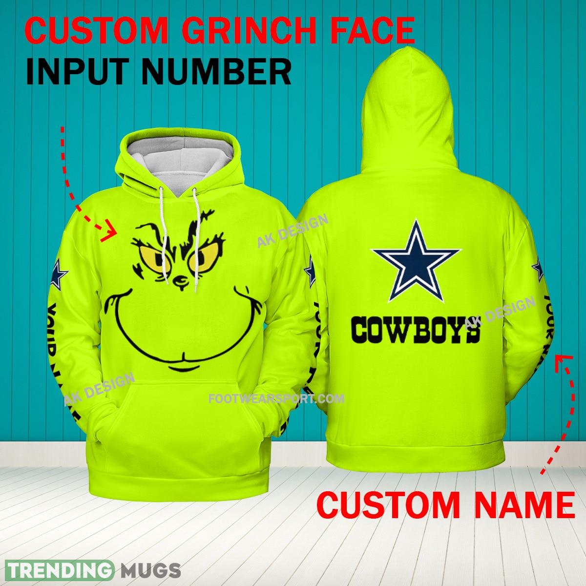 Grinch Face Dallas Cowboys 3D Hoodie, Zip Hoodie, Sweater Green AOP Custom Number And Name - Grinch Face NFL Dallas Cowboys 3D Hoodie Grinch Face Dallas Cowboys 3D Hoodie, Zip Hoodie, Sweater Green AOP Custom Number And Name - Grinch Face NFL Dallas Cowboys 3D Hoodie