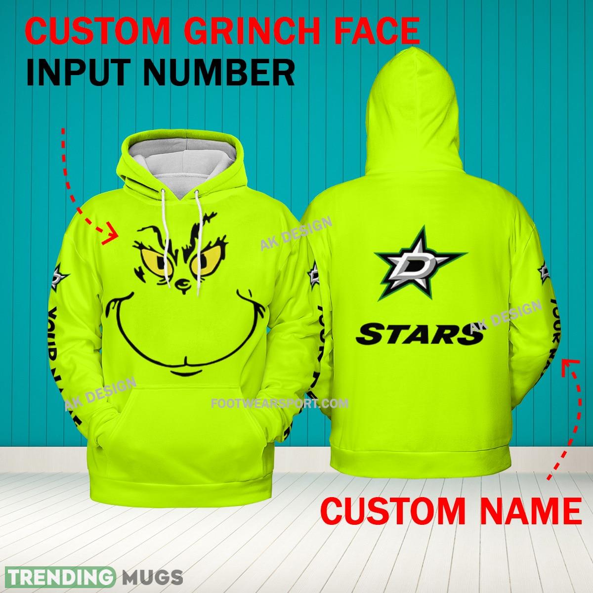 Grinch Face Dallas Stars 3D Hoodie, Zip Hoodie, Sweater Green AOP Custom Number And Name - Grinch Face NHL Dallas Stars 3D Hoodie Grinch Face Dallas Stars 3D Hoodie, Zip Hoodie, Sweater Green AOP Custom Number And Name - Grinch Face NHL Dallas Stars 3D Hoodie