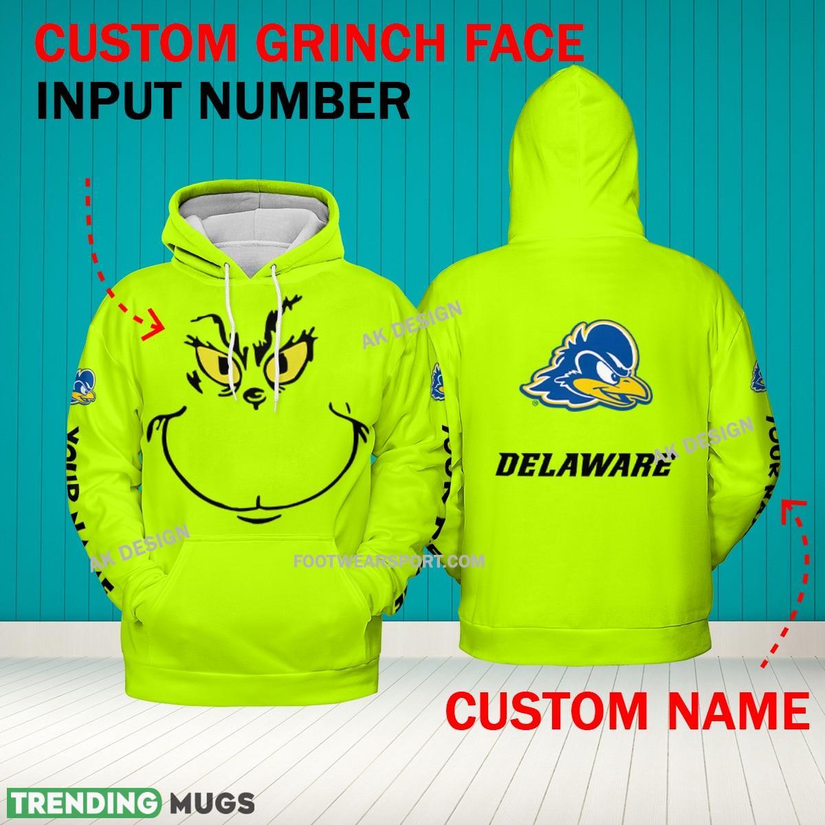 Grinch Face delaware blue hens 3D Hoodie, Zip Hoodie, Sweater Green AOP Custom Number And Name - Grinch Face NCAA2 delaware blue hens 3D Hoodie Grinch Face delaware blue hens 3D Hoodie, Zip Hoodie, Sweater Green AOP Custom Number And Name - Grinch Face NCAA2 delaware blue hens 3D Hoodie