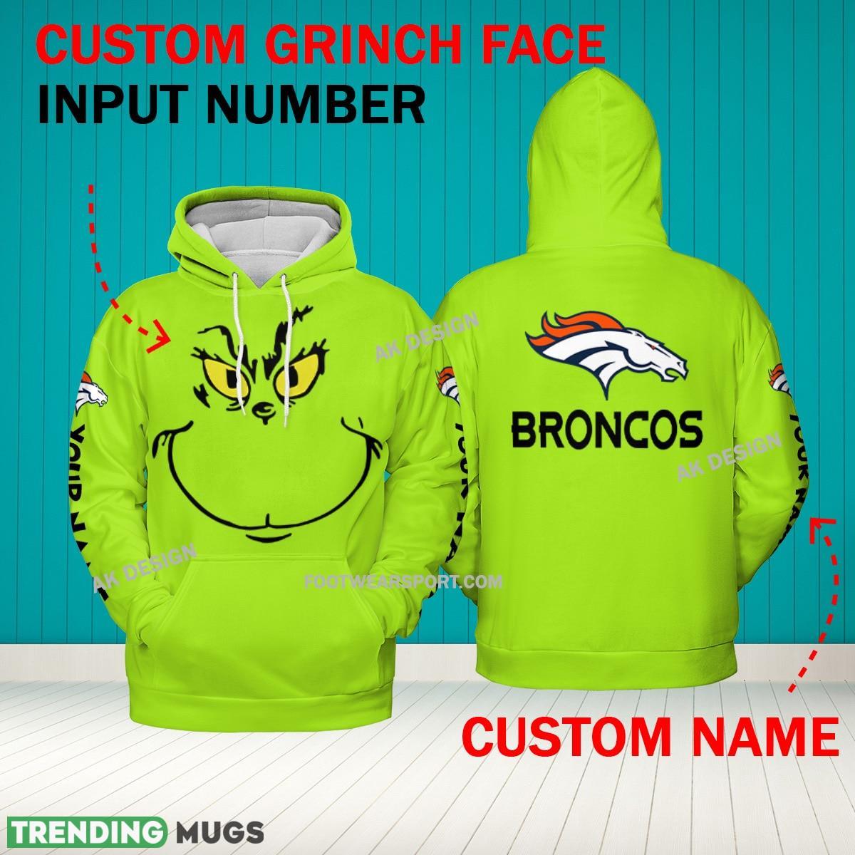 Grinch Face Denver Broncos 3D Hoodie, Zip Hoodie, Sweater Green AOP Custom Number And Name - Grinch Face NFL Denver Broncos 3D Hoodie Grinch Face Denver Broncos 3D Hoodie, Zip Hoodie, Sweater Green AOP Custom Number And Name - Grinch Face NFL Denver Broncos 3D Hoodie