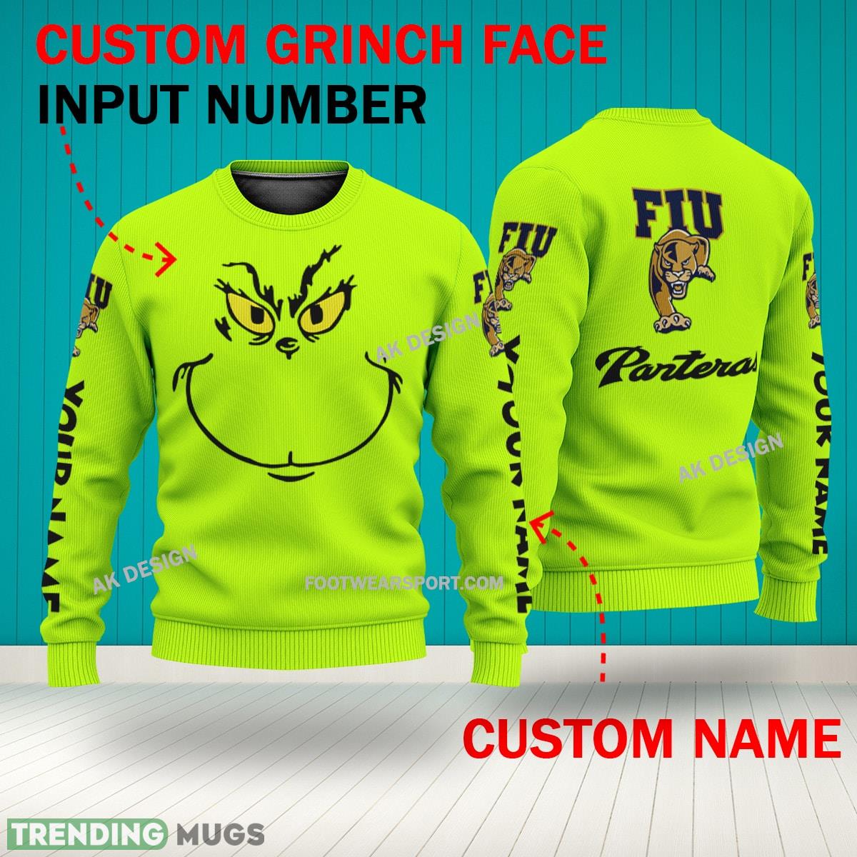 Grinch Face FIU Panthers 3D Hoodie, Zip Hoodie, Sweater Green AOP Custom Number And Name 3D Hoodies Grinch Face FIU Panthers 3D Hoodie, Zip Hoodie, Sweater Green AOP Custom Number And Name 3D Hoodies