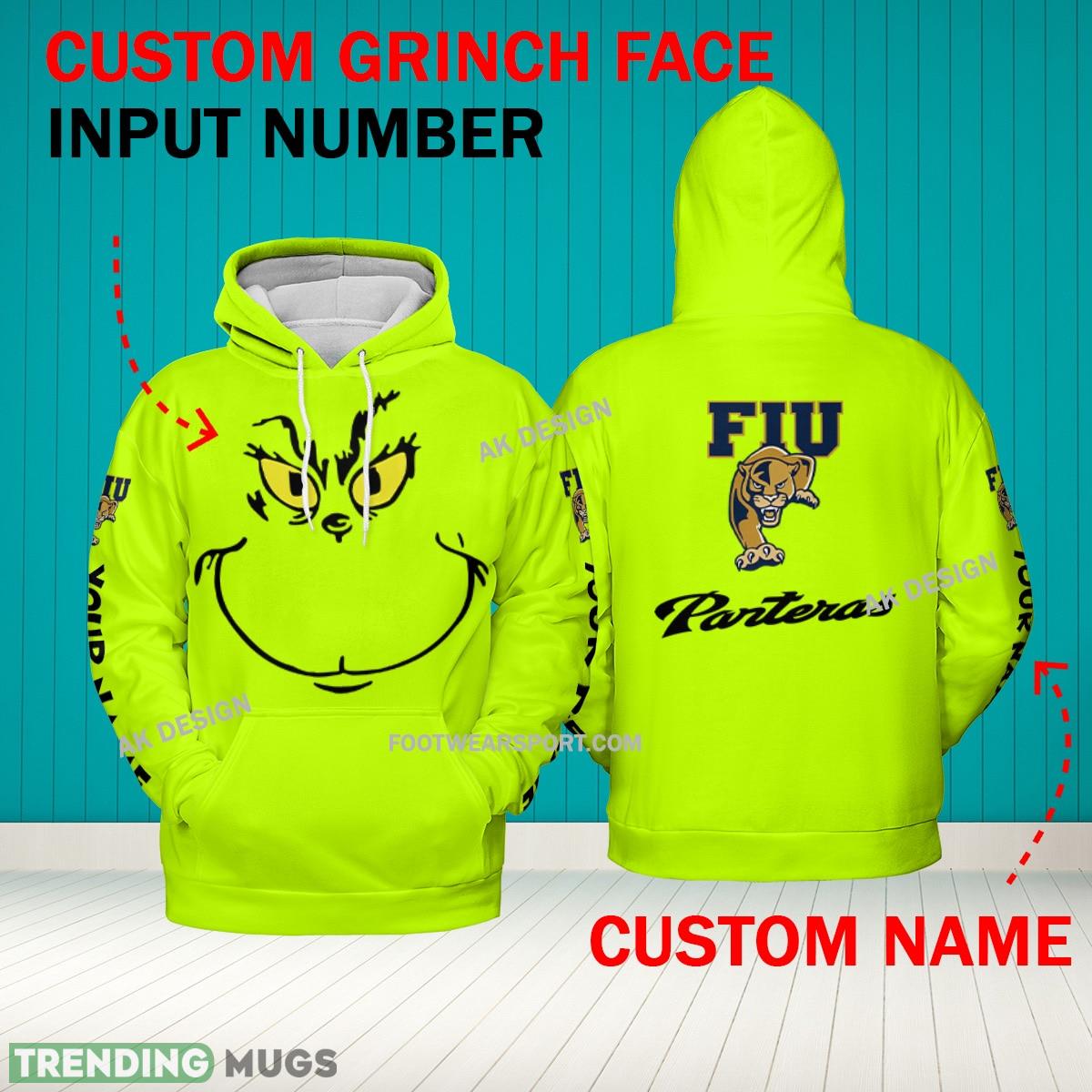 Grinch Face FIU Panthers 3D Hoodie, Zip Hoodie, Sweater Green AOP Custom Number And Name - Grinch Face NCAA FIU Panthers 3D Hoodie Grinch Face FIU Panthers 3D Hoodie, Zip Hoodie, Sweater Green AOP Custom Number And Name - Grinch Face NCAA FIU Panthers 3D Hoodie