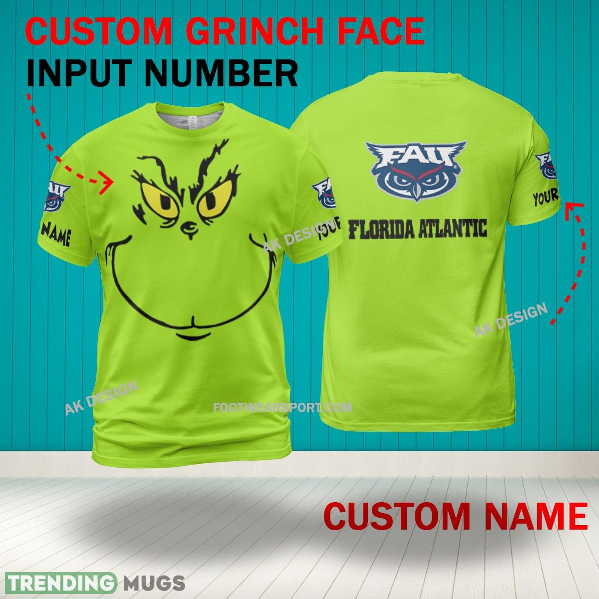 Grinch Face Florida Atlantic Owls 3D Hoodie, Zip Hoodie, Sweater Green AOP Custom Number And Name 3D Hoodies Grinch Face Florida Atlantic Owls 3D Hoodie, Zip Hoodie, Sweater Green AOP Custom Number And Name 3D Hoodies