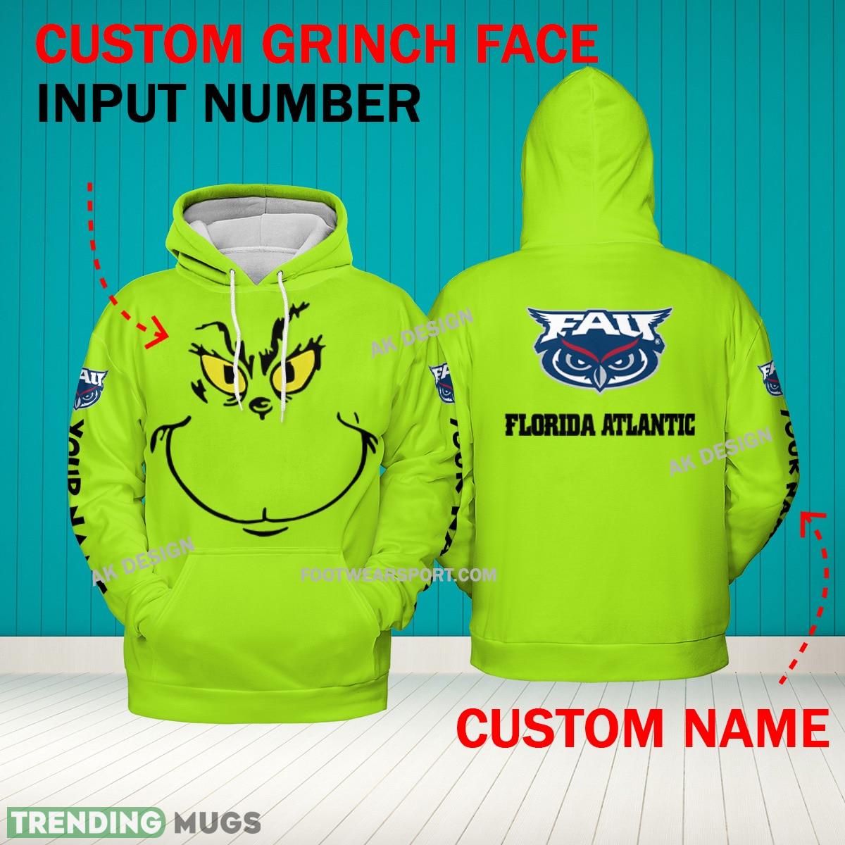 Grinch Face Florida Atlantic Owls 3D Hoodie, Zip Hoodie, Sweater Green AOP Custom Number And Name - Grinch Face NCAA Florida Atlantic Owls 3D Hoodie Grinch Face Florida Atlantic Owls 3D Hoodie, Zip Hoodie, Sweater Green AOP Custom Number And Name - Grinch Face NCAA Florida Atlantic Owls 3D Hoodie