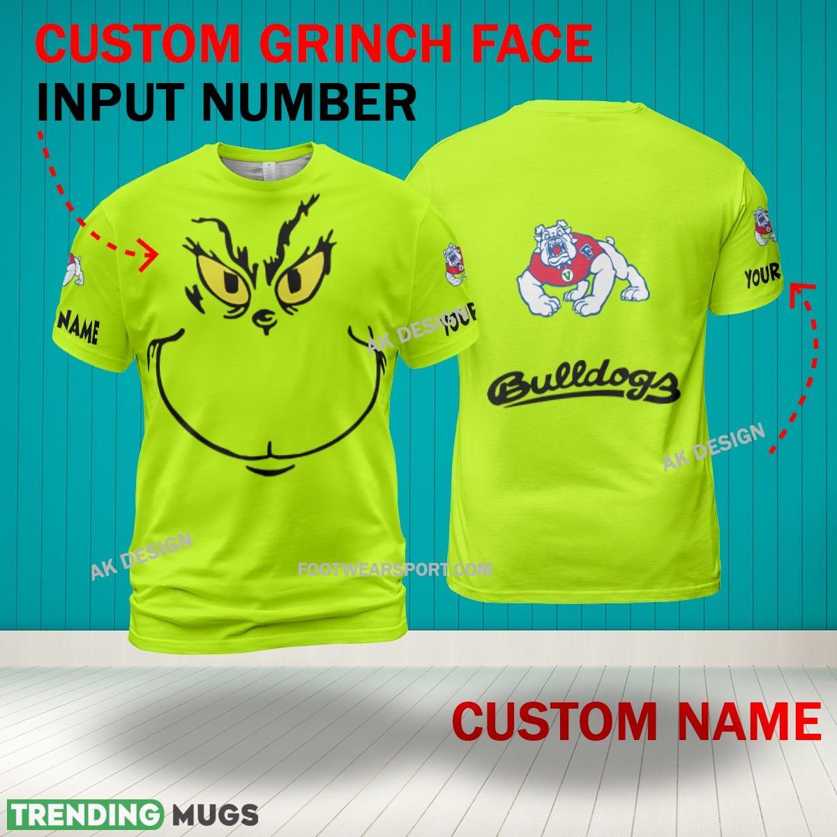 Grinch Face Fresno State Bulldogs 3D Hoodie, Zip Hoodie, Sweater Green AOP Custom Number And Name 3D Hoodies Grinch Face Fresno State Bulldogs 3D Hoodie, Zip Hoodie, Sweater Green AOP Custom Number And Name 3D Hoodies