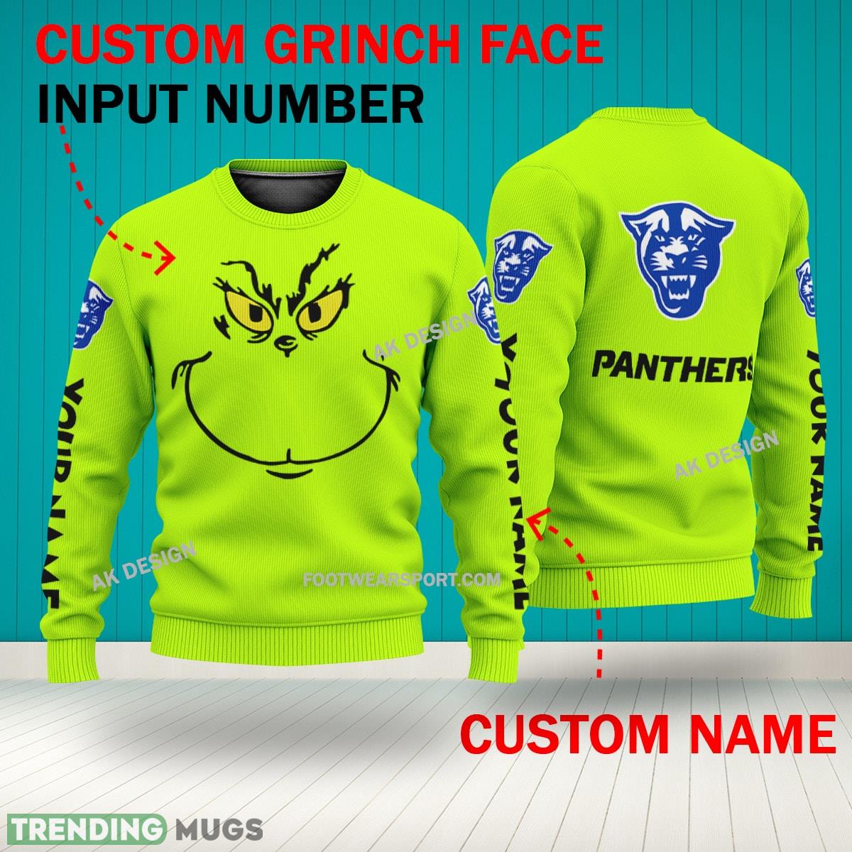 Grinch Face Georgia State Panthers 3D Hoodie, Zip Hoodie, Sweater Green AOP Custom Number And Name 3D Hoodies Grinch Face Georgia State Panthers 3D Hoodie, Zip Hoodie, Sweater Green AOP Custom Number And Name 3D Hoodies