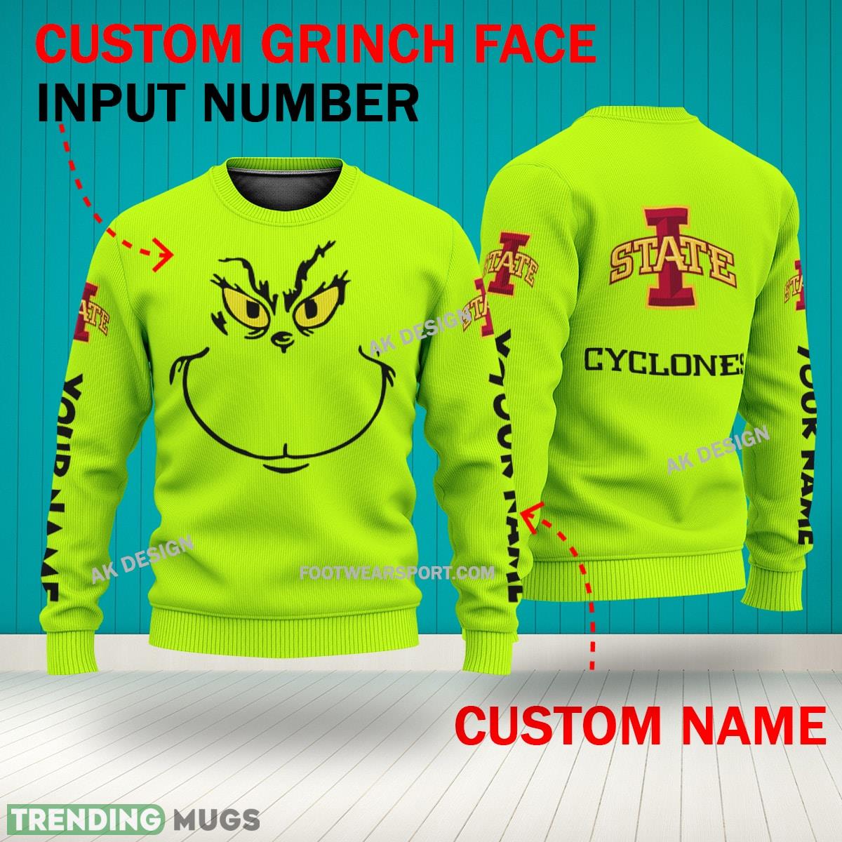 Grinch Face Iowa State Cyclones 3D Hoodie, Zip Hoodie, Sweater Green AOP Custom Number And Name 3D Hoodies Grinch Face Iowa State Cyclones 3D Hoodie, Zip Hoodie, Sweater Green AOP Custom Number And Name 3D Hoodies