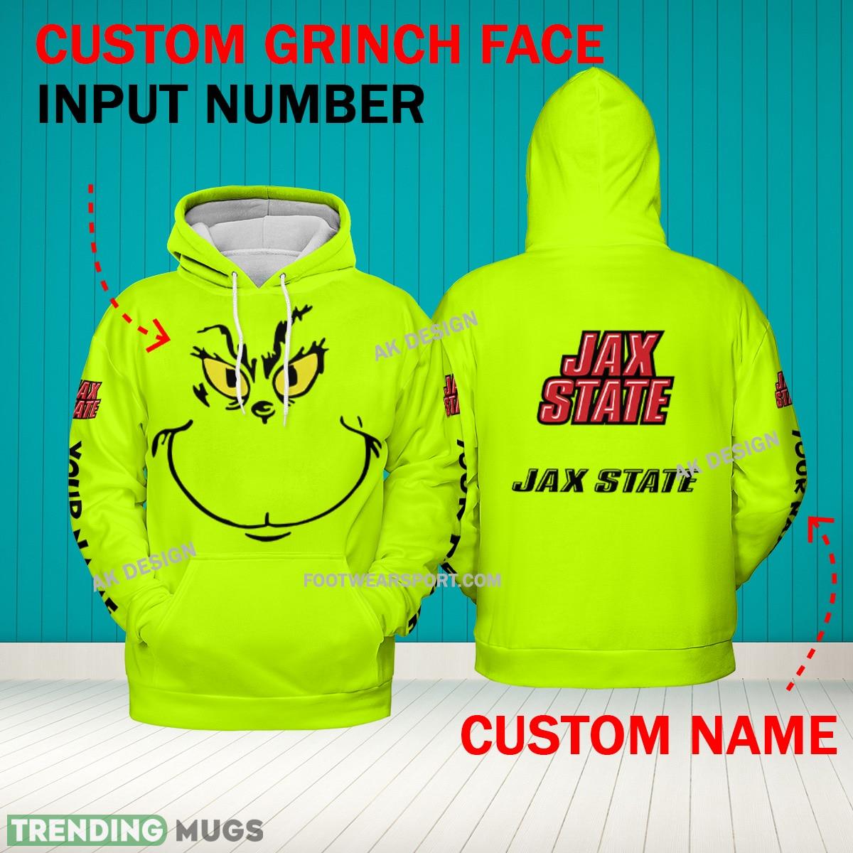 Grinch Face Jacksonville State Gamecocks 3D Hoodie, Zip Hoodie, Sweater Green AOP Custom Number And Name - Grinch Face NCAA Jacksonville State Gamecocks 3D Hoodie Grinch Face Jacksonville State Gamecocks 3D Hoodie, Zip Hoodie, Sweater Green AOP Custom Number And Name - Grinch Face NCAA Jacksonville State Gamecocks 3D Hoodie