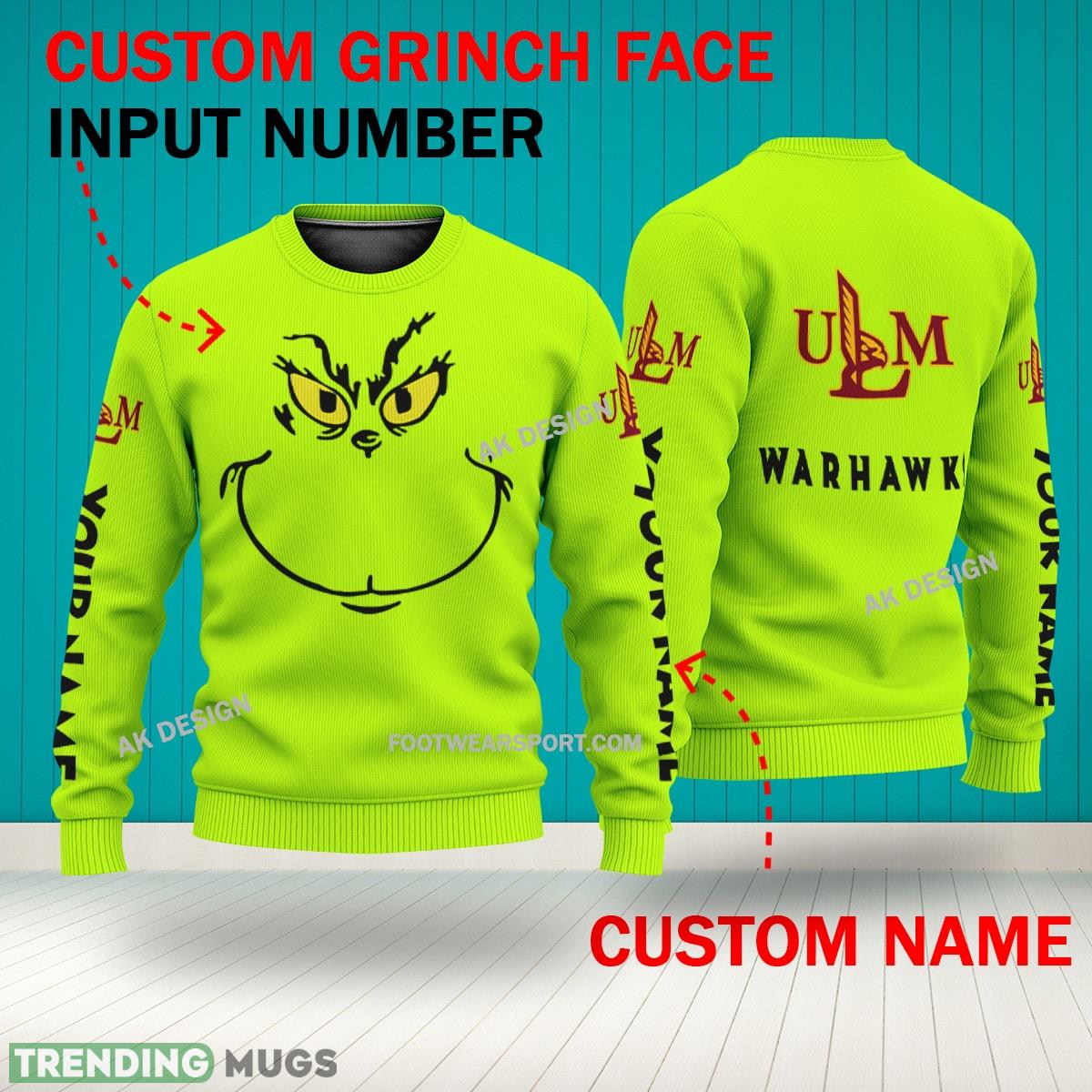 Grinch Face Louisiana Monroe Warhawks 3D Hoodie, Zip Hoodie, Sweater Green AOP Custom Number And Name 3D Hoodies Grinch Face Louisiana Monroe Warhawks 3D Hoodie, Zip Hoodie, Sweater Green AOP Custom Number And Name 3D Hoodies