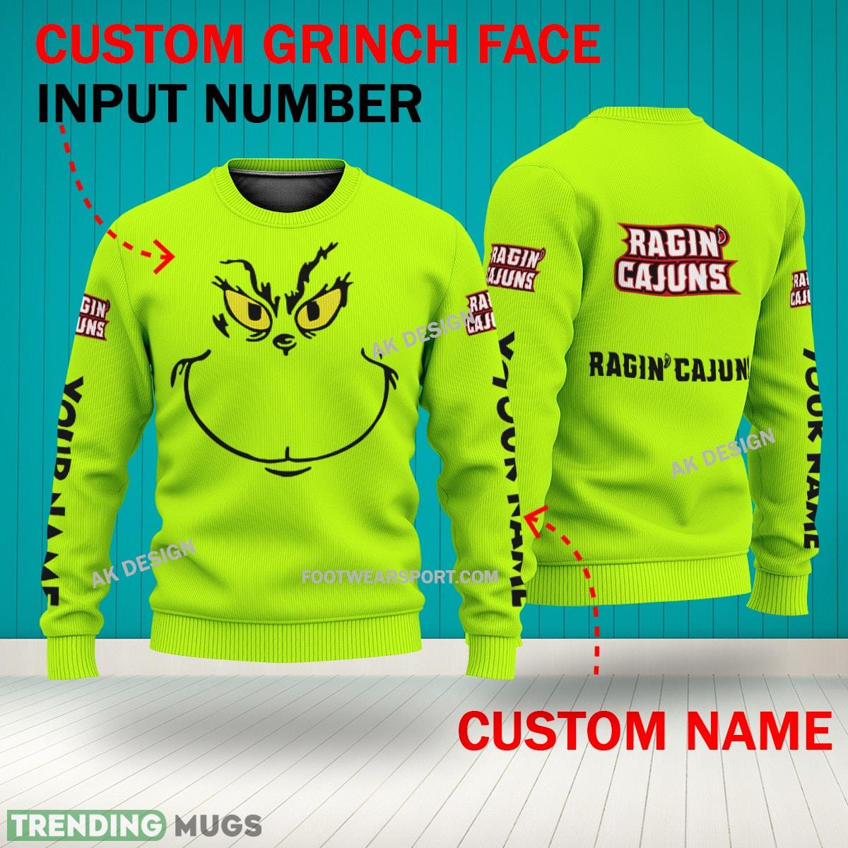 Grinch Face Louisiana Ragin Cajuns 3D Hoodie, Zip Hoodie, Sweater Green AOP Custom Number And Name 3D Hoodies Grinch Face Louisiana Ragin Cajuns 3D Hoodie, Zip Hoodie, Sweater Green AOP Custom Number And Name 3D Hoodies