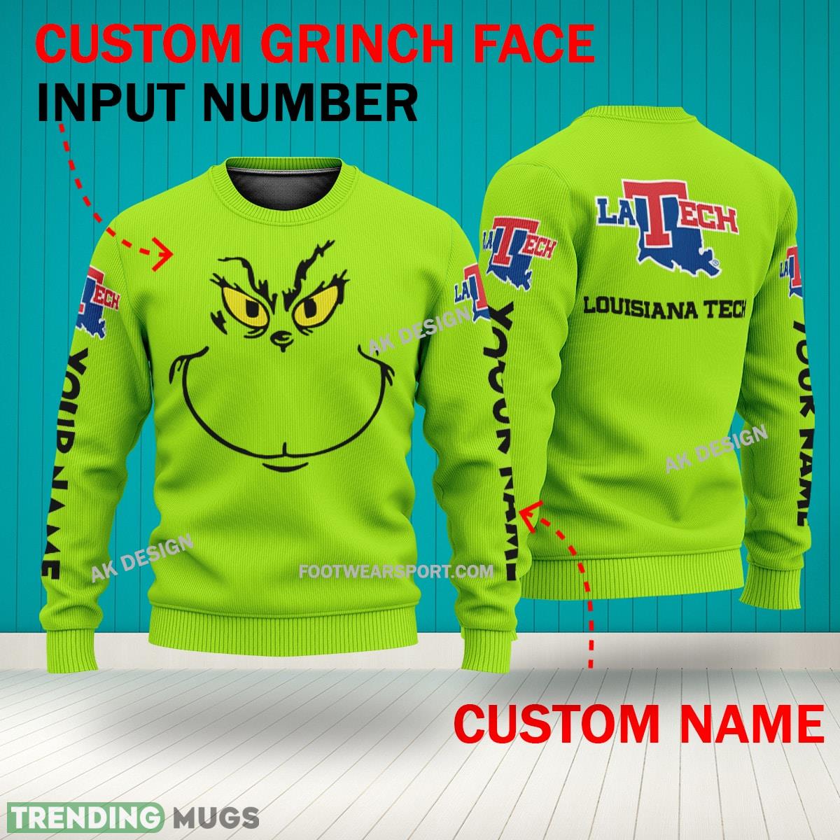 Grinch Face Louisiana Tech Bulldogs 3D Hoodie, Zip Hoodie, Sweater Green AOP Custom Number And Name 3D Hoodies Grinch Face Louisiana Tech Bulldogs 3D Hoodie, Zip Hoodie, Sweater Green AOP Custom Number And Name 3D Hoodies