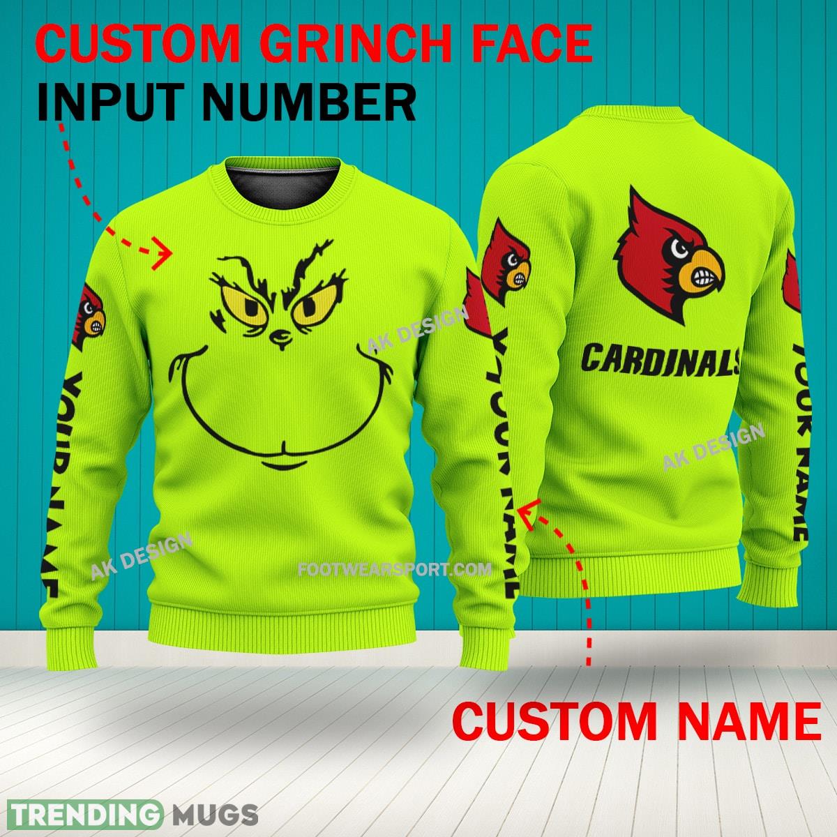 Grinch Face Louisville Cardinals 3D Hoodie, Zip Hoodie, Sweater Green AOP Custom Number And Name 3D Hoodies Grinch Face Louisville Cardinals 3D Hoodie, Zip Hoodie, Sweater Green AOP Custom Number And Name 3D Hoodies