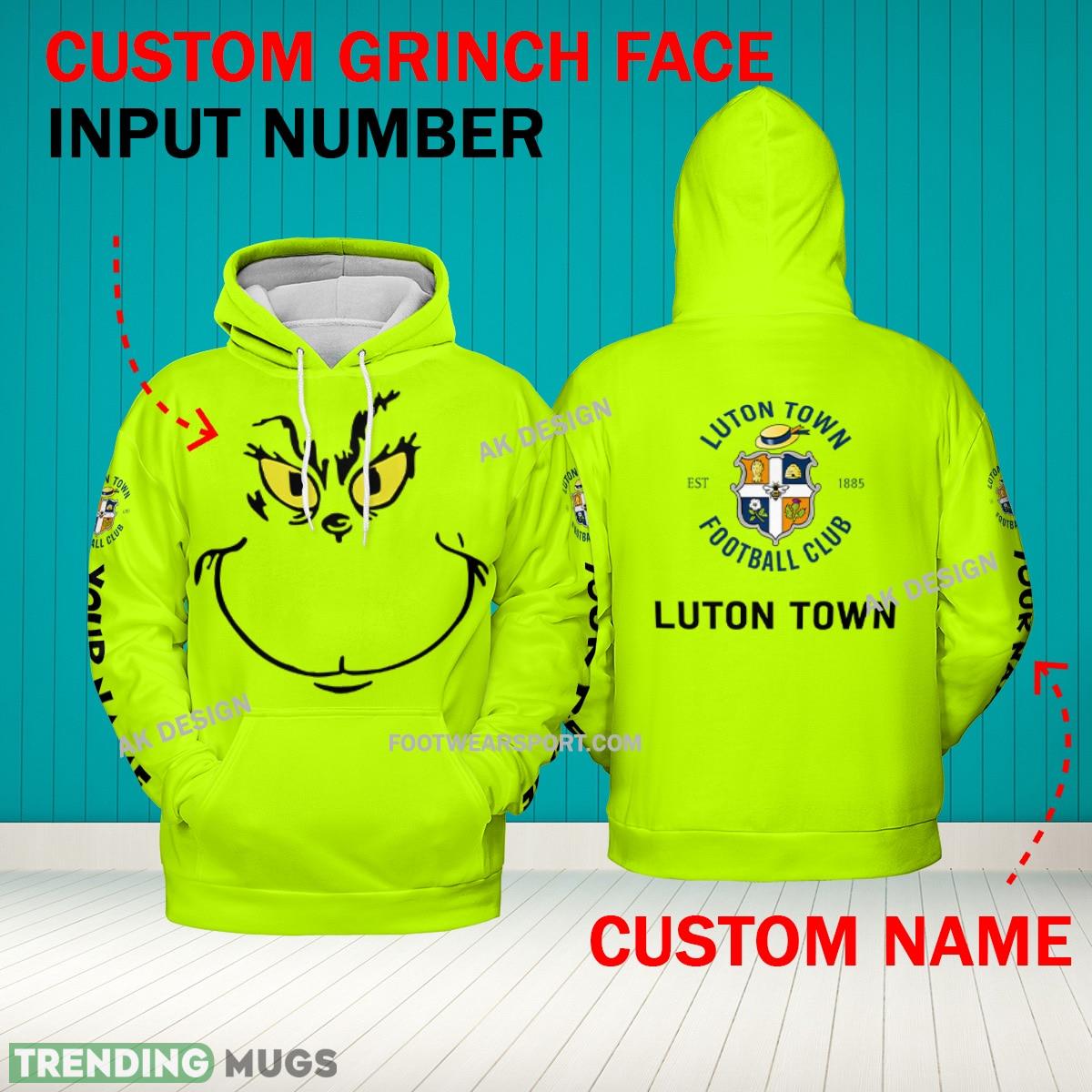 Grinch Face Luton Town 3D Hoodie, Zip Hoodie, Sweater Green AOP Custom Number And Name - Grinch Face EPL Luton Town 3D Hoodie Grinch Face Luton Town 3D Hoodie, Zip Hoodie, Sweater Green AOP Custom Number And Name - Grinch Face EPL Luton Town 3D Hoodie