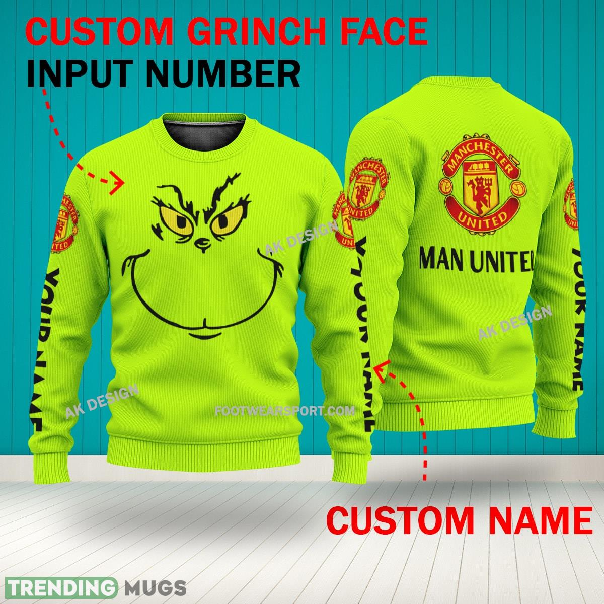 Grinch Face Manchester United 3D Hoodie, Zip Hoodie, Sweater Green AOP Custom Number And Name 3D Hoodies Grinch Face Manchester United 3D Hoodie, Zip Hoodie, Sweater Green AOP Custom Number And Name 3D Hoodies