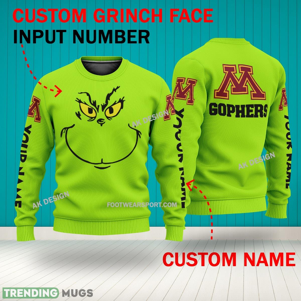 Grinch Face Minnesota Golden Gophers 3D Hoodie, Zip Hoodie, Sweater Green AOP Custom Number And Name 3D Hoodies Grinch Face Minnesota Golden Gophers 3D Hoodie, Zip Hoodie, Sweater Green AOP Custom Number And Name 3D Hoodies