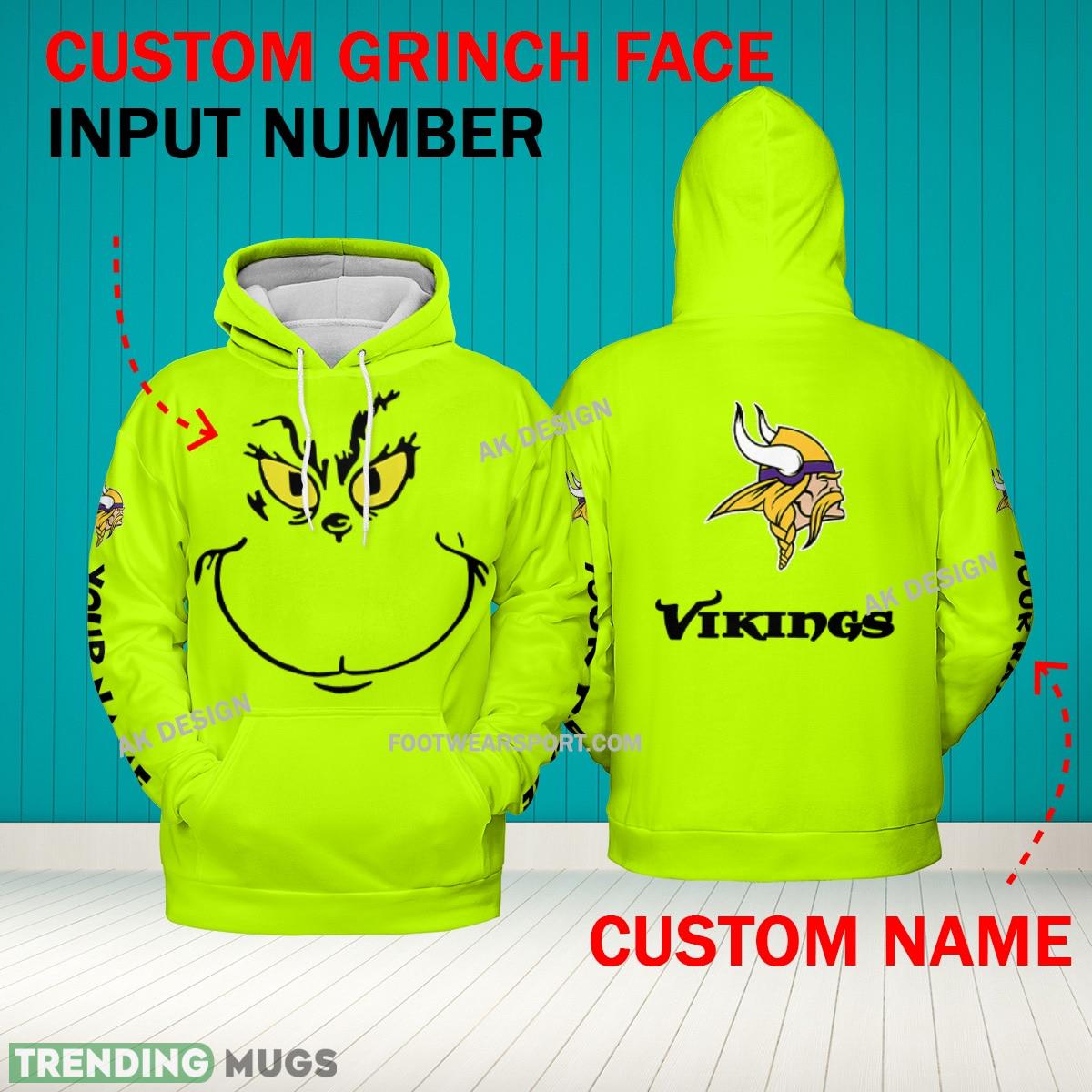 Grinch Face Minnesota Vikings 3D Hoodie, Zip Hoodie, Sweater Green AOP Custom Number And Name - Grinch Face NFL Minnesota Vikings 3D Hoodie Grinch Face Minnesota Vikings 3D Hoodie, Zip Hoodie, Sweater Green AOP Custom Number And Name - Grinch Face NFL Minnesota Vikings 3D Hoodie