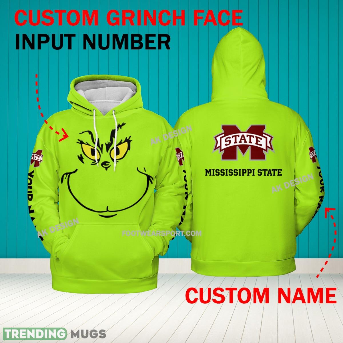 Grinch Face Mississippi State Bulldogs 3D Hoodie, Zip Hoodie, Sweater Green AOP Custom Number And Name - Grinch Face NCAA Mississippi State Bulldogs 3D Hoodie Grinch Face Mississippi State Bulldogs 3D Hoodie, Zip Hoodie, Sweater Green AOP Custom Number And Name - Grinch Face NCAA Mississippi State Bulldogs 3D Hoodie