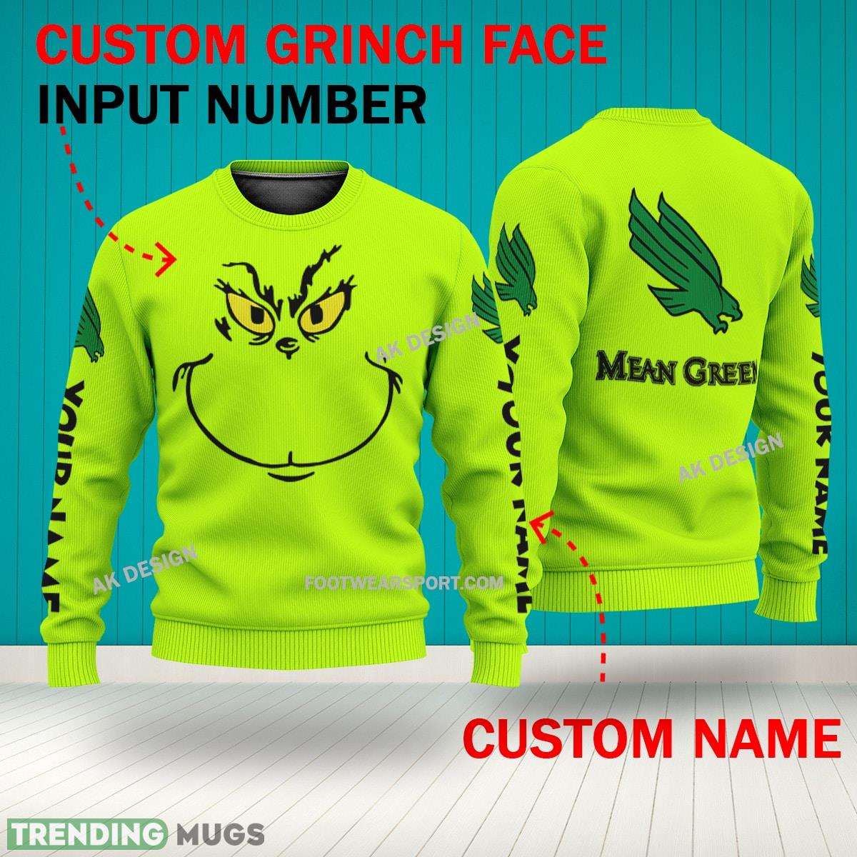 Grinch Face North Texas Mean Green 3D Hoodie, Zip Hoodie, Sweater Green AOP Custom Number And Name 3D Hoodies Grinch Face North Texas Mean Green 3D Hoodie, Zip Hoodie, Sweater Green AOP Custom Number And Name 3D Hoodies